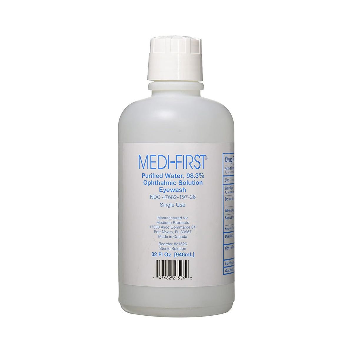 Medi-First Ophthalmic Solution Eyewash, 98.3% Purified Water, 32 oz Squeeze Bottle - 21526 - LL Medico