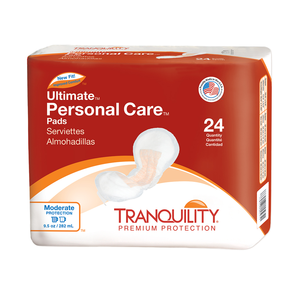 Tranquility Personal Care Pads by Tranquility offer discreet, moderate absorbency. The orange and white pack, with bilingual labeling and an absorbent pad image, includes 24 pads for reliable comfort.