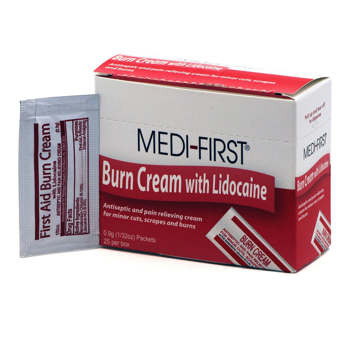 Medi-First Burn Relief, Benzalkonium Chloride / Lidocaine HCl Cream, 0.9g Packet - 26073-Box - LL Medico
