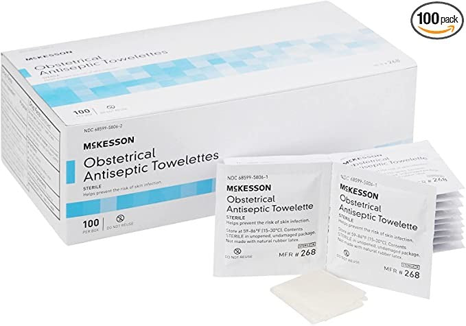 McKesson Obstetrical Antiseptic Towelettes, Sterile, 100 Count Box