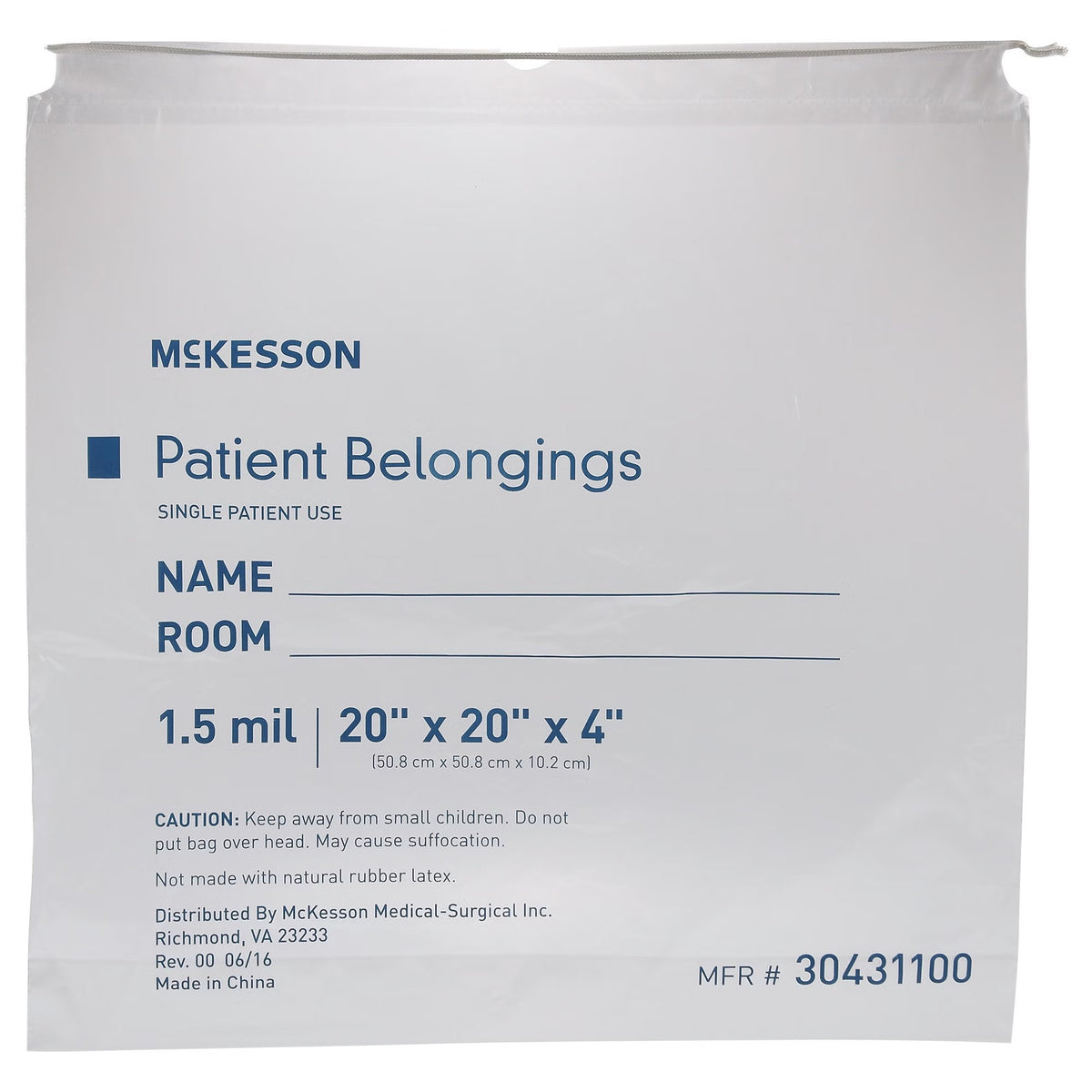 McKesson Patient Belongings Bag, Drawstring Closure, 4" x 20" x 20", Polyethylene, Clear - 30431100 - LL Medico