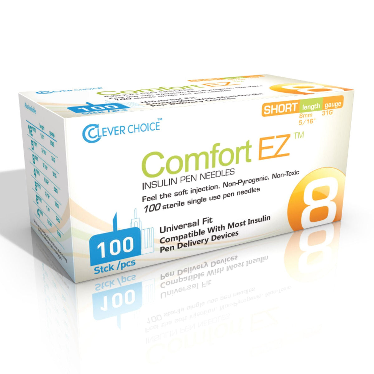 Clever Choice Comfort EZ Insulin Pen Needles, 31 Gauge, 8 mm Length, Sterile - 31G8 - LL Medico