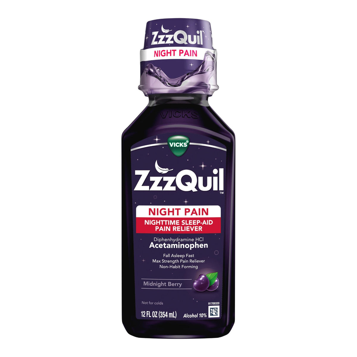 Vicks ZzzQuil Night Pain Nighttime Sleep-Aid Pain Reliever Liquid, Midnight Berry, 12 fl oz - 32390004089 - LL Medico