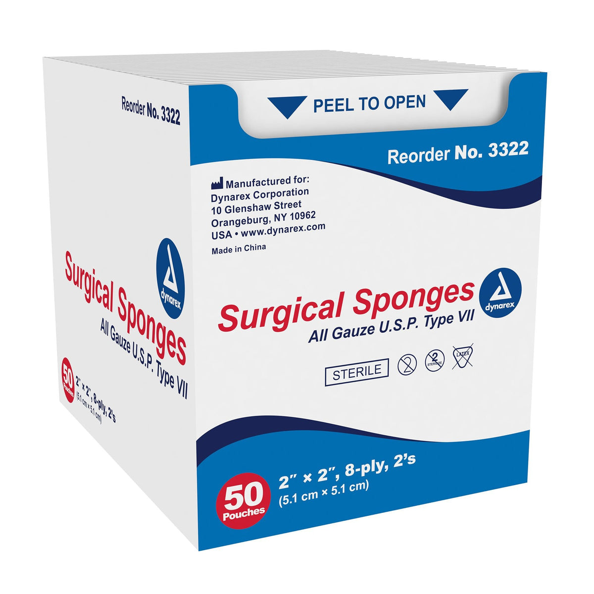 Dynarex Gauze Sponge, Sterile, 2 x 2", 8-Ply, White, Gauze - 3322 - LL Medico