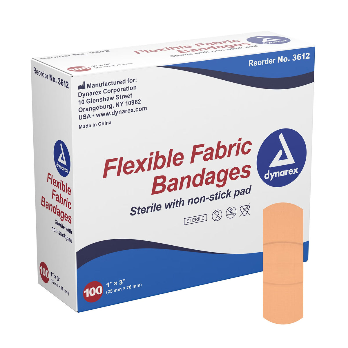 Dynarex Adhesive Fabric Bandage, Tan, Fabric, Sterile, 1 x 3" - 3612 - LL Medico