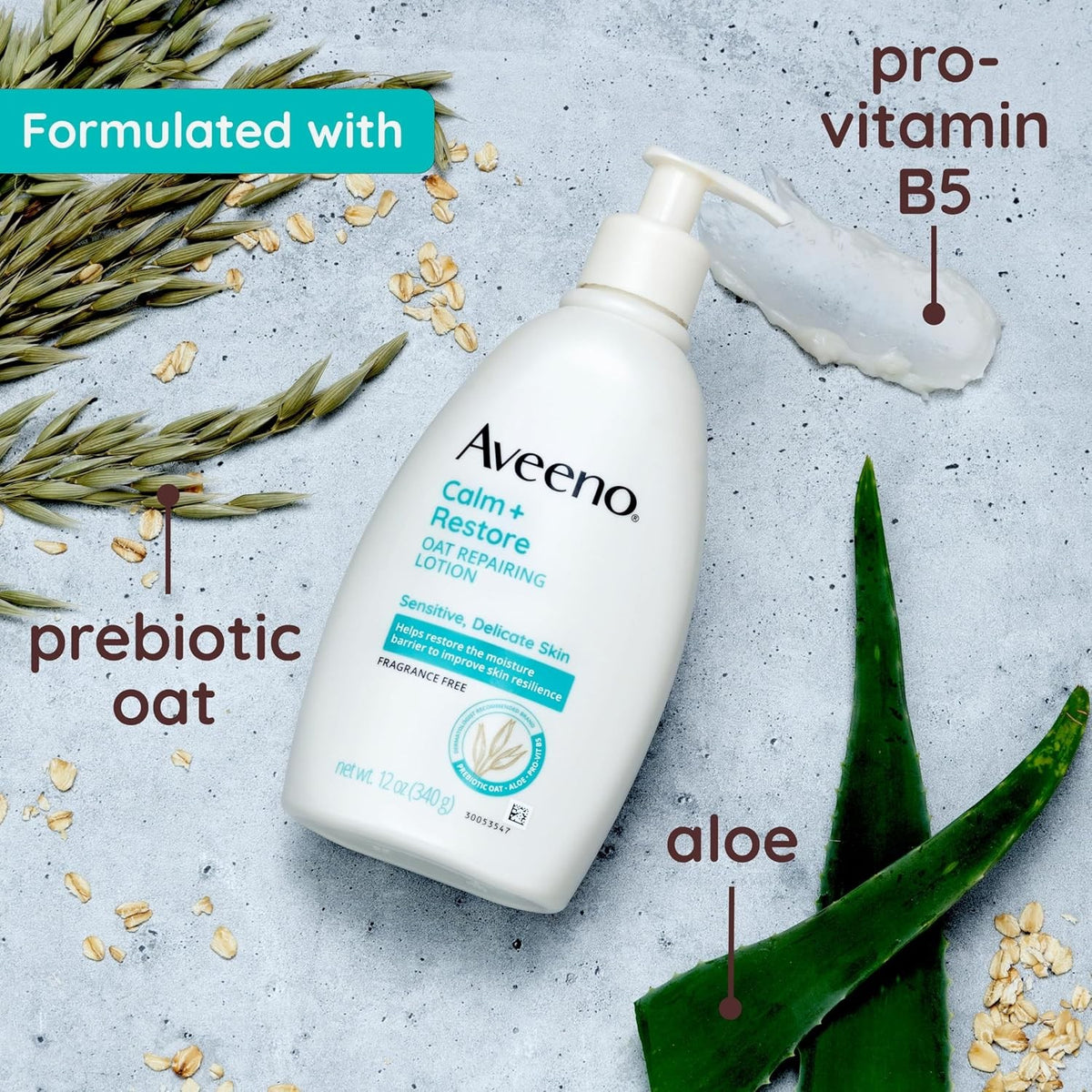 Aveeno Calm + Restore Oat Repairing Lotion, Fragrance Free, 12 oz Pump Bottle