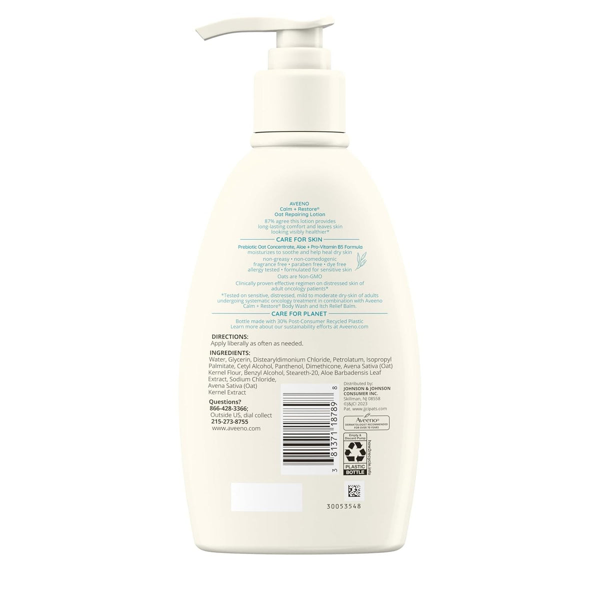 Aveeno Calm + Restore Oat Repairing Lotion, Fragrance Free, 12 oz Pump Bottle