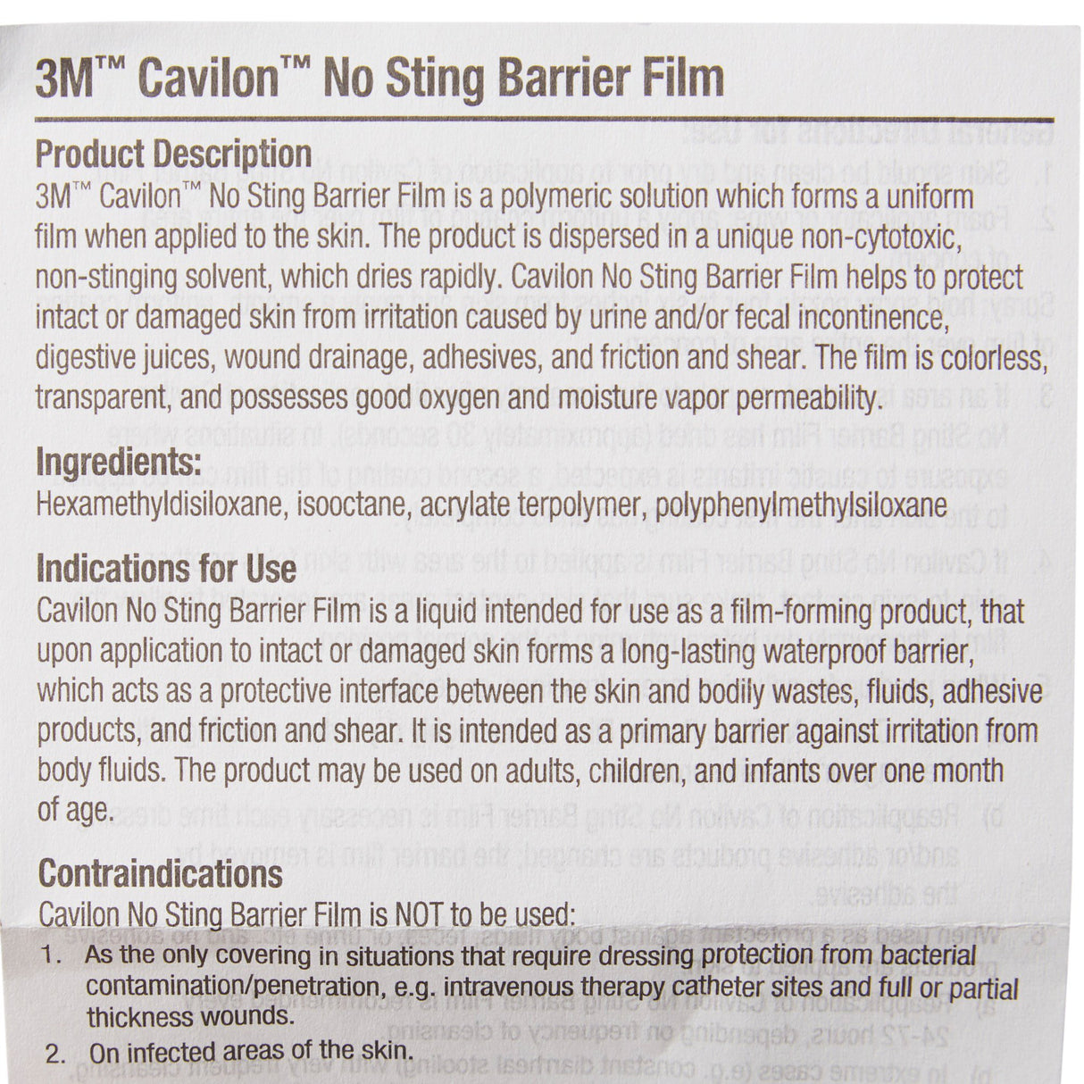 A close-up of the 3M Cavilon No Sting Barrier Film label highlights its barrier film properties, skin protection benefits, and usage indications from the 3M brand. Some text appears in bold.
