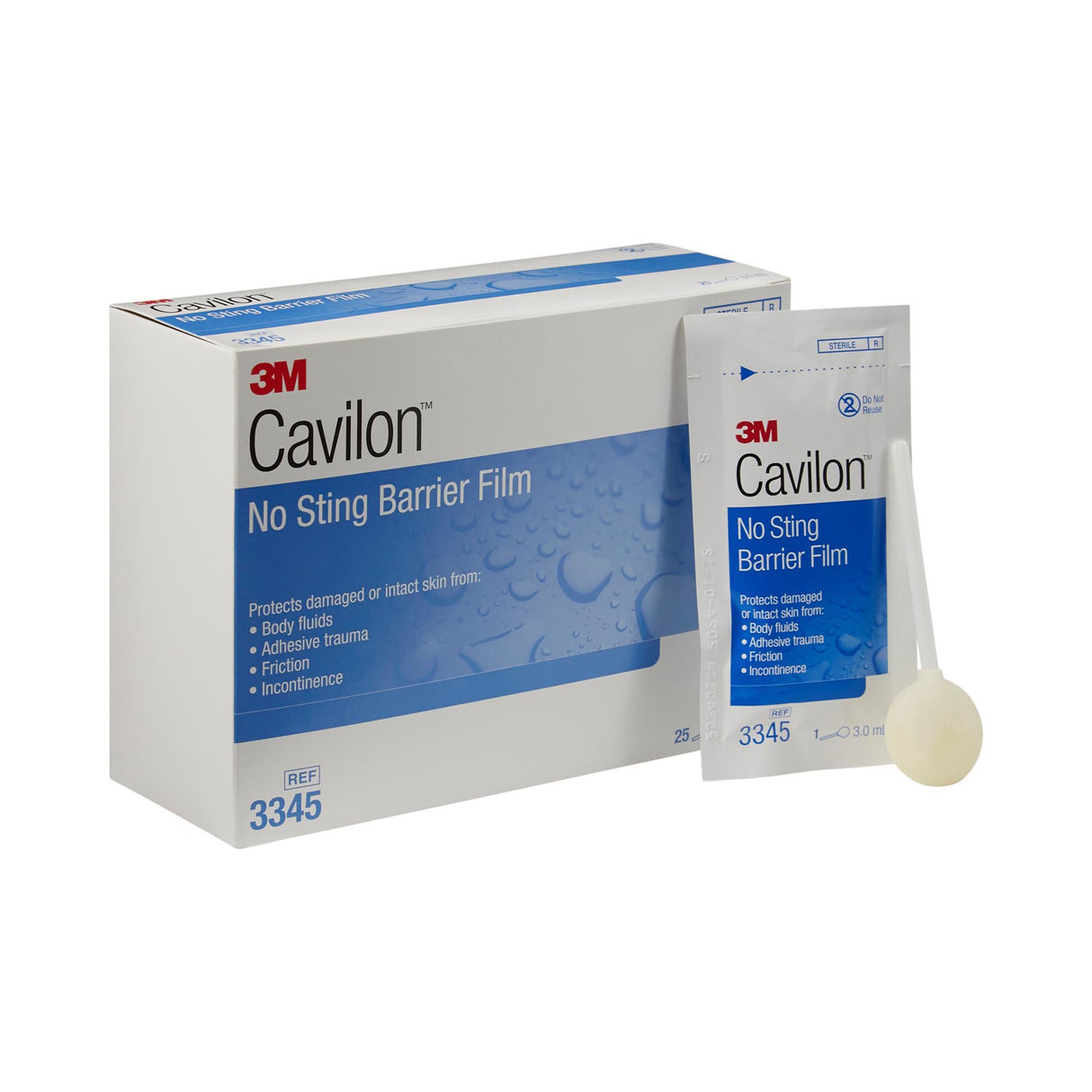 A box and a single packet of 3M Cavilon No Sting Barrier Film by 3M, with a foam applicator, offer advanced skin protection from body fluids, friction, adhesive trauma, and incontinence for damaged or intact skin.