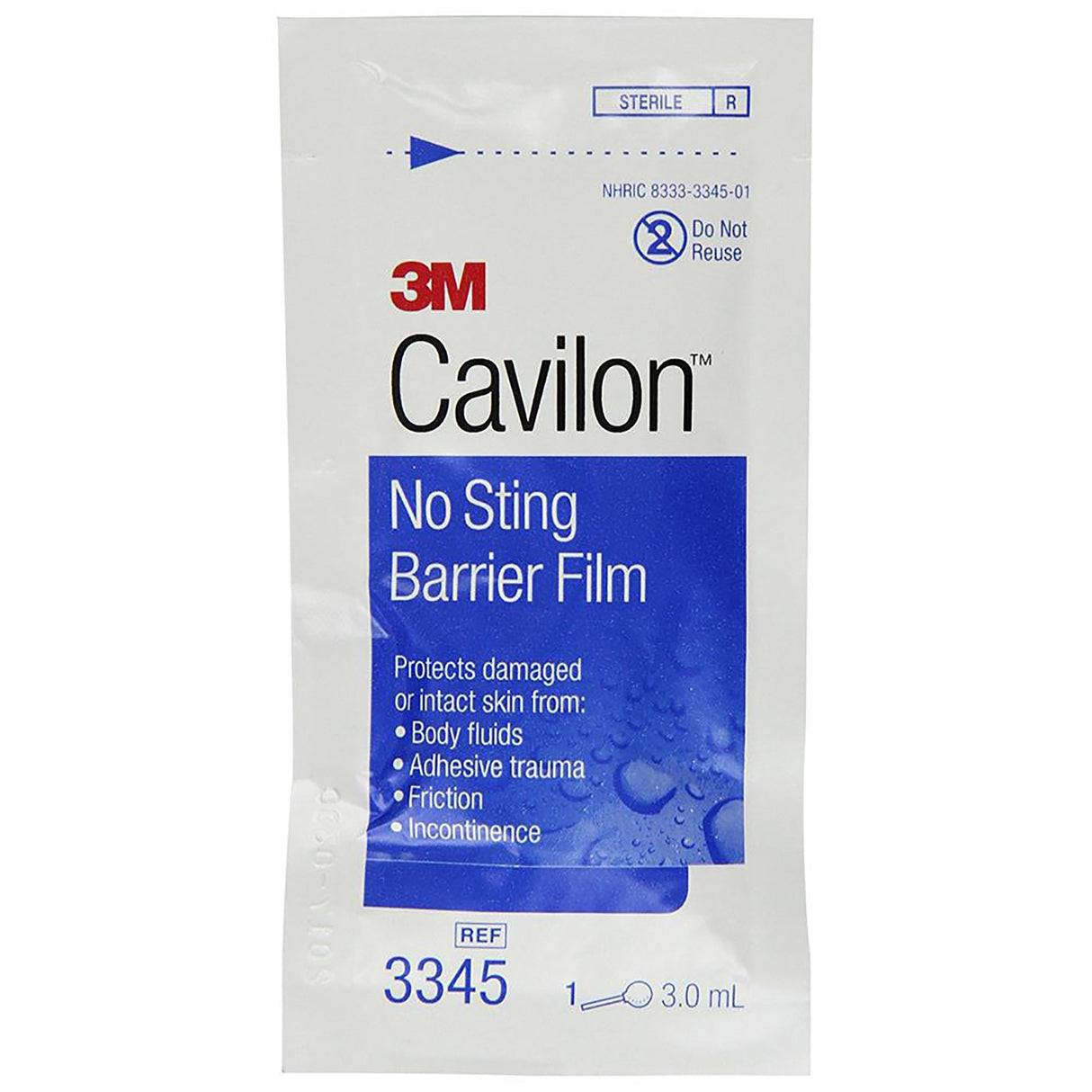 A 3.0 mL packet of 3M Cavilon No Sting Barrier Film provides reliable skin protection against body fluids, adhesive trauma, friction, and incontinence. The white and blue packaging clearly shows product details.