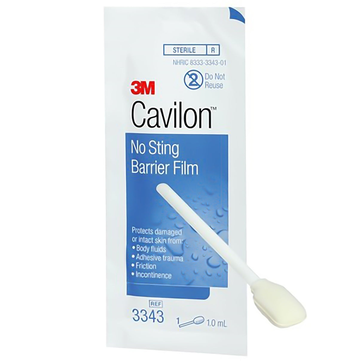 A single-use 1.0 mL packet of 3M Cavilon No Sting Barrier Film by 3M, featuring a white applicator and blue-white design with clear skin protection details.