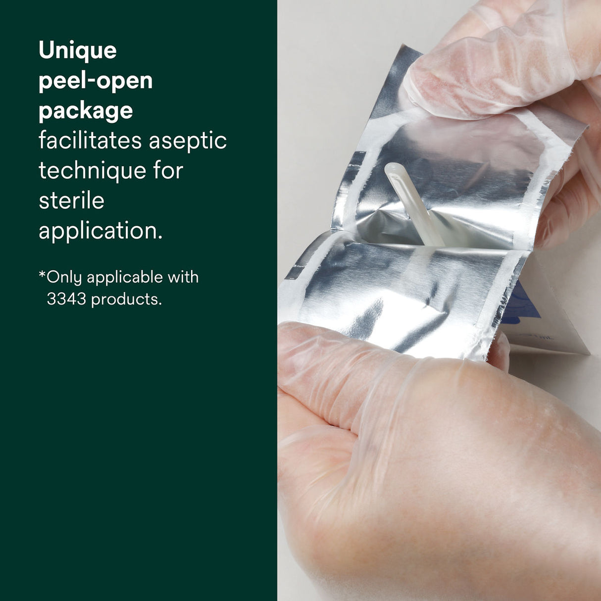A gloved hand peels open a shiny silver package, revealing a sterile swab, with text highlighting the 3M Cavilon No Sting Barrier Films unique peel-open packaging for advanced skin protection—specific to 3M products.