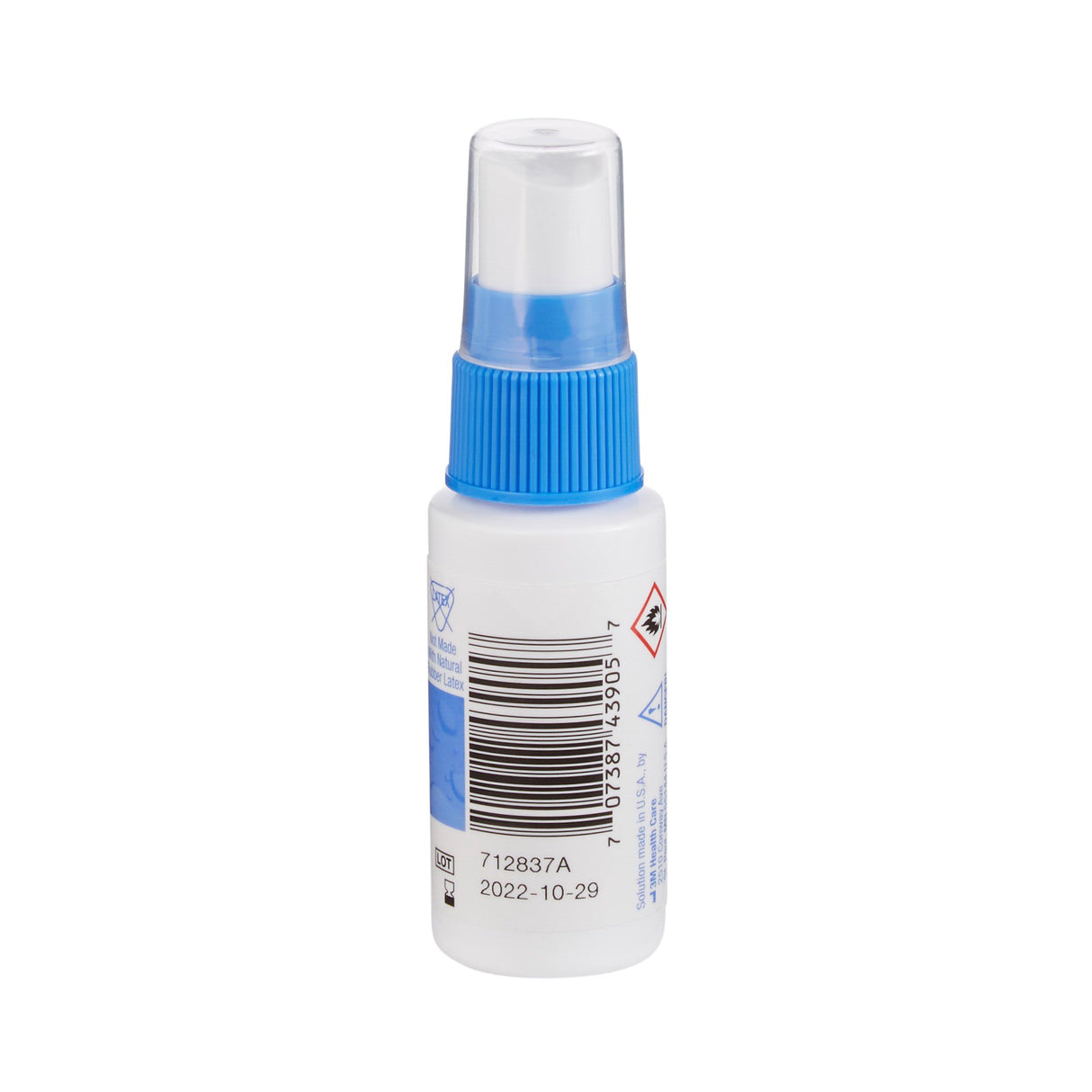 A small white plastic spray bottle with a blue cap and clear cover, labeled 3M Cavilon No Sting Barrier Film by 3M. Includes barcode and hazard symbol. Designed for skin protection. Expiry date: 2022-10-29.