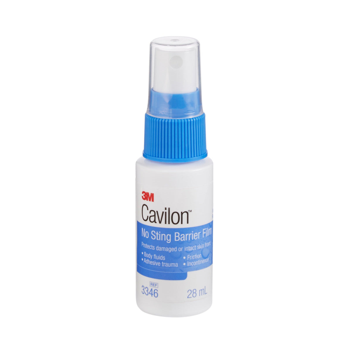 A 28 mL spray bottle of 3M Cavilon No Sting Barrier Film by 3M, featuring a blue cap, white body, and blue label that highlights its advanced skin protection barrier benefits.