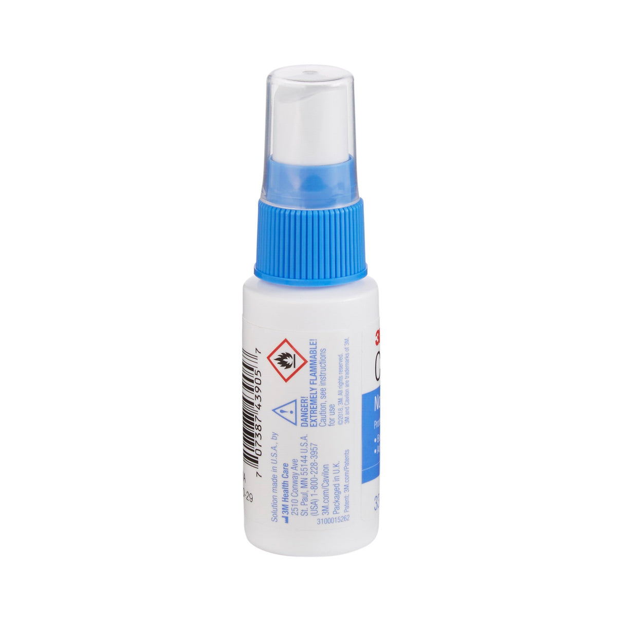 A small white spray bottle with a blue cap and label from 3M, showing hazard symbols and a barcode, stands upright against a plain white background. This is the 3M Cavilon No Sting Barrier Film for skin protection.