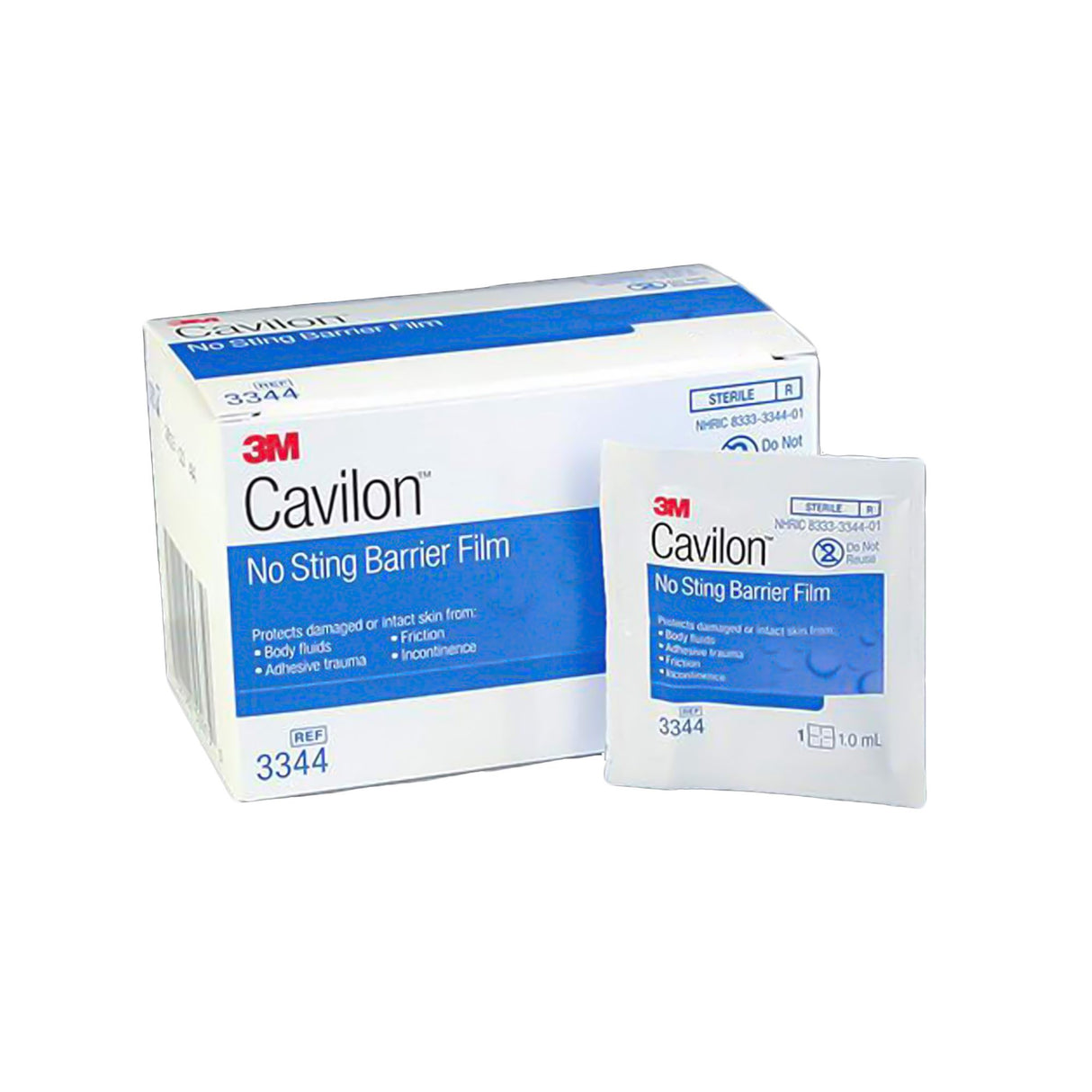 A box and packet of 3M Cavilon No Sting Barrier Film by 3M are shown, with the product name and brand clearly visible on the packaging.