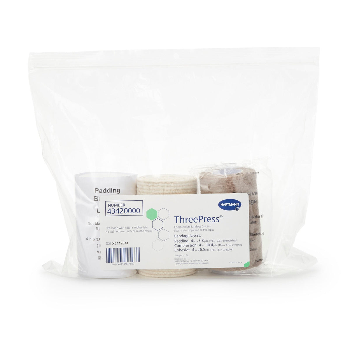 ThreePress 3-Layer Compression Bandage System, Self-Adherent Closure, 4" x 3.3 Yard - 4" x 9.6 Yard - 4" x 6.5 Yard, Tan / White, Foam / Elastic, NonSterile, 35 to 40 mmHg - 43420000-Single - LL Medico