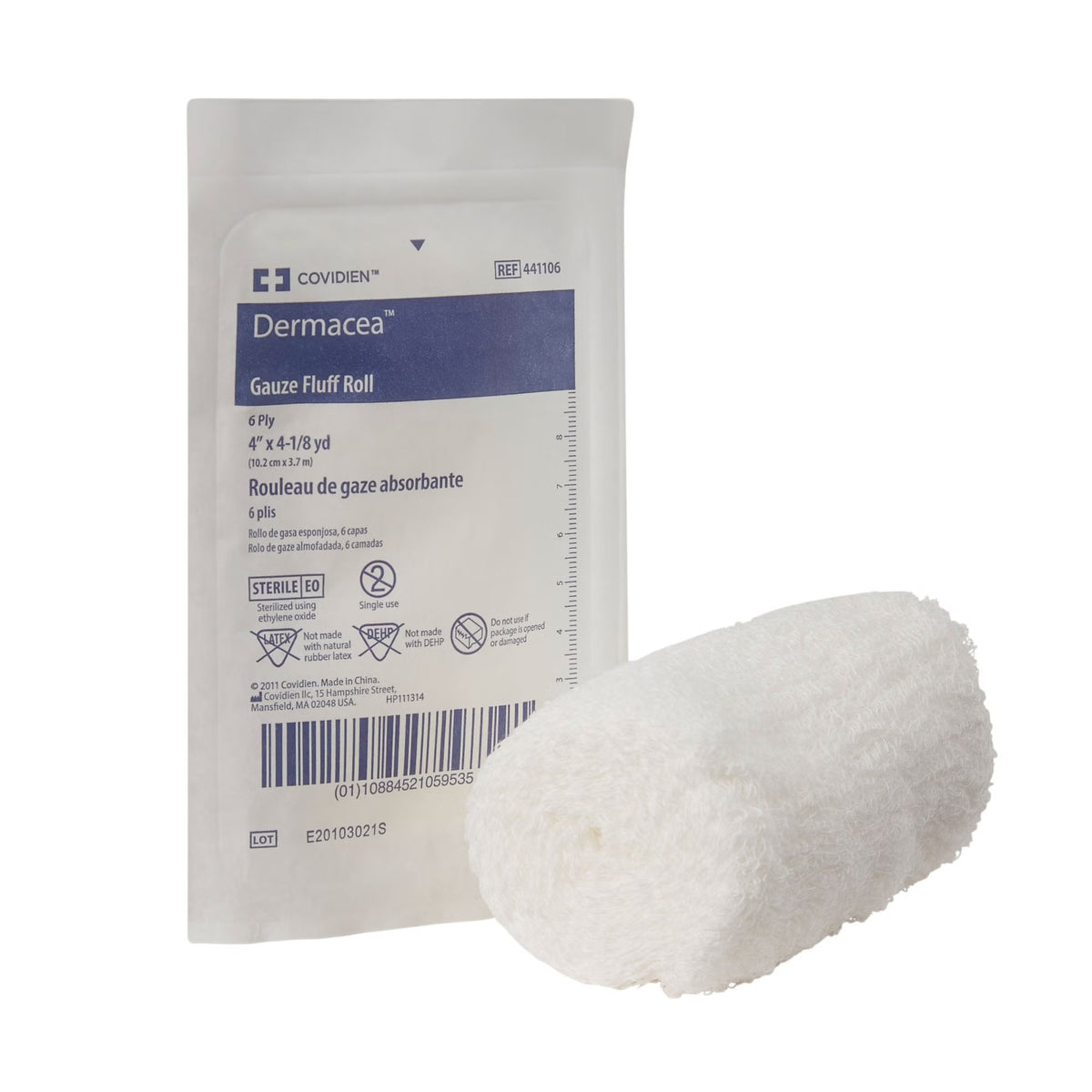 Dermacea Gauze Fluff Bandage Roll, Sterile, White, 6-Ply, 4" x 4.125 yd - 441106 - LL Medico
