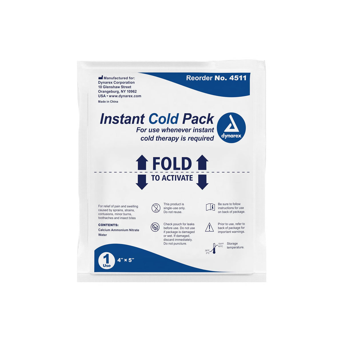 Dynarex Instant Cold Pack, General Purpose, Disposable, 4" x 5" - 4511 - LL Medico