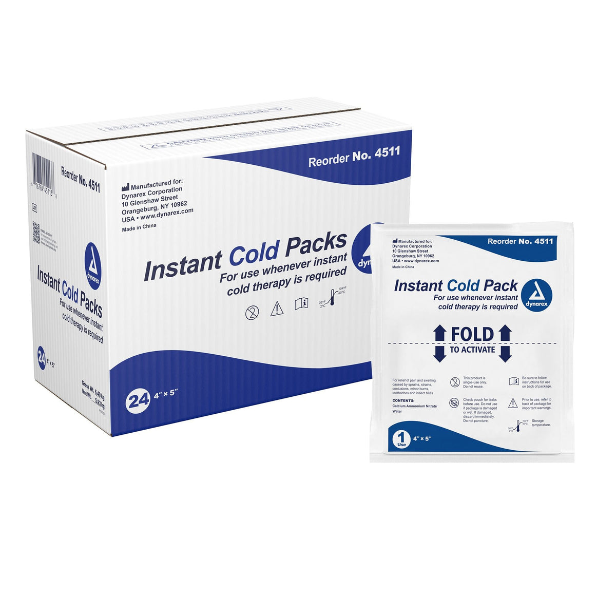 Dynarex Instant Cold Pack, General Purpose, Disposable, 4" x 5" - 4511 - LL Medico