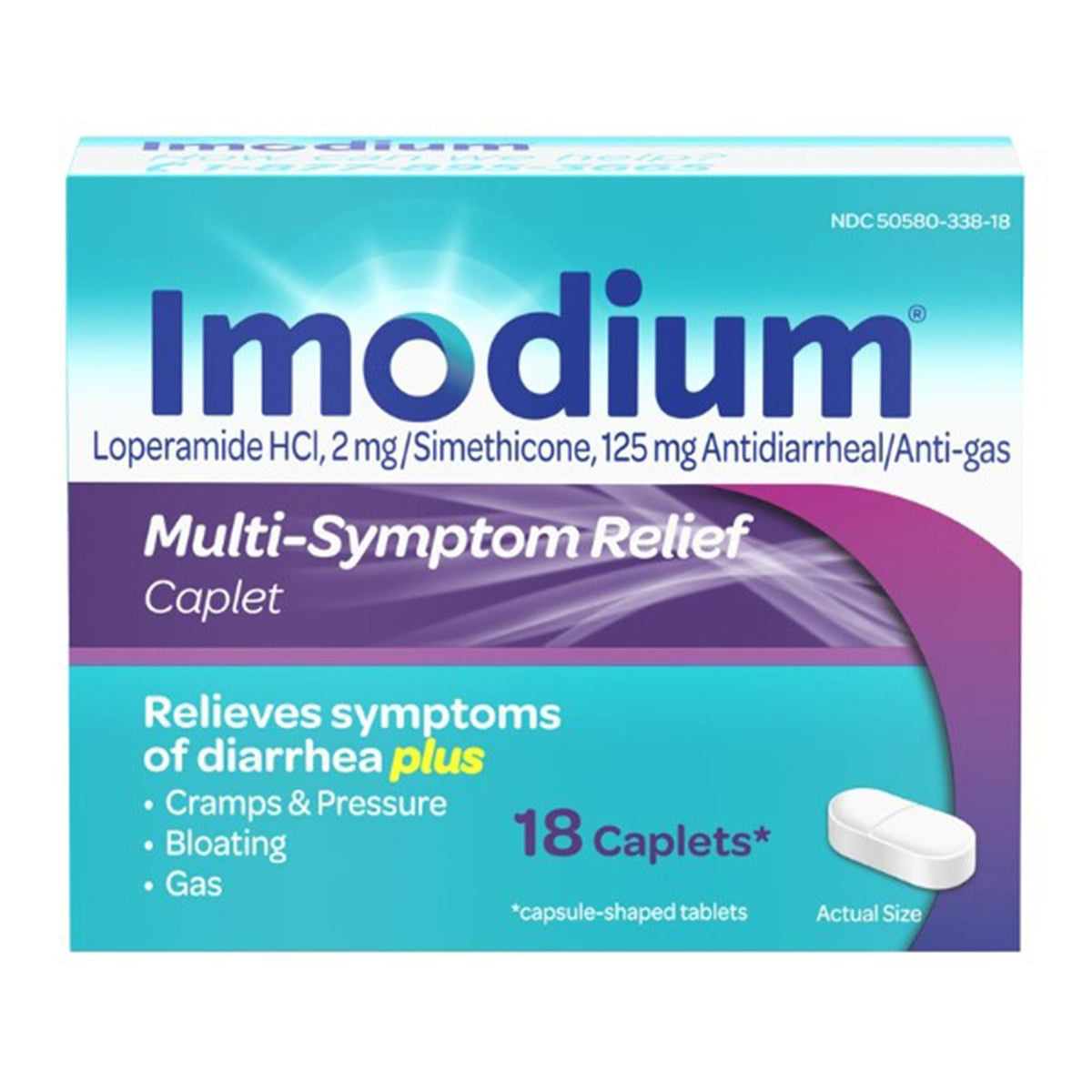 Imodium Multi-Symptom Relief Caplets, Loperamide HCl 2 mg / Simethicone 125 mg, Anti-Diarrheal - 50580033818 - LL Medico