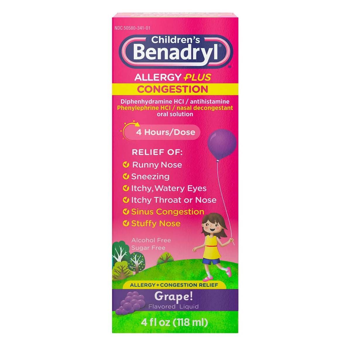 Children's Benadryl Allergy Plus Congestion Liquid, Grape Flavor, 12.5 mg-5 mg, 4 oz - 50580034101 - LL Medico