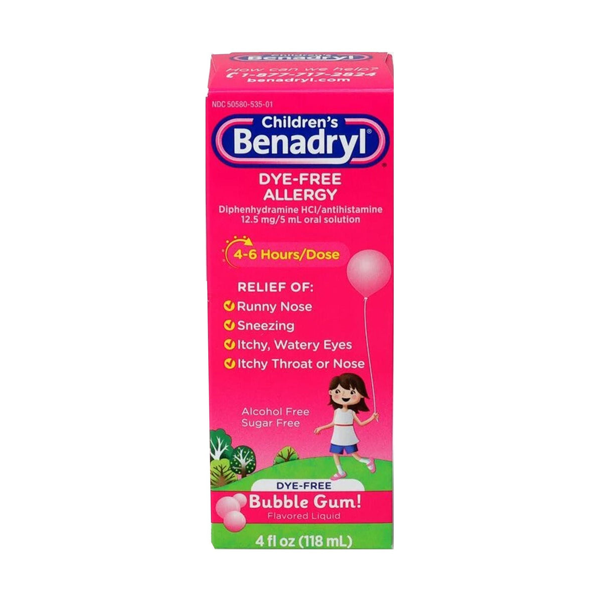 Children's Benadryl Allergy Relief Liquid, Diphenhydramine HCl 12.5 mg, Cherry Flavor - 50580053501 - LL Medico