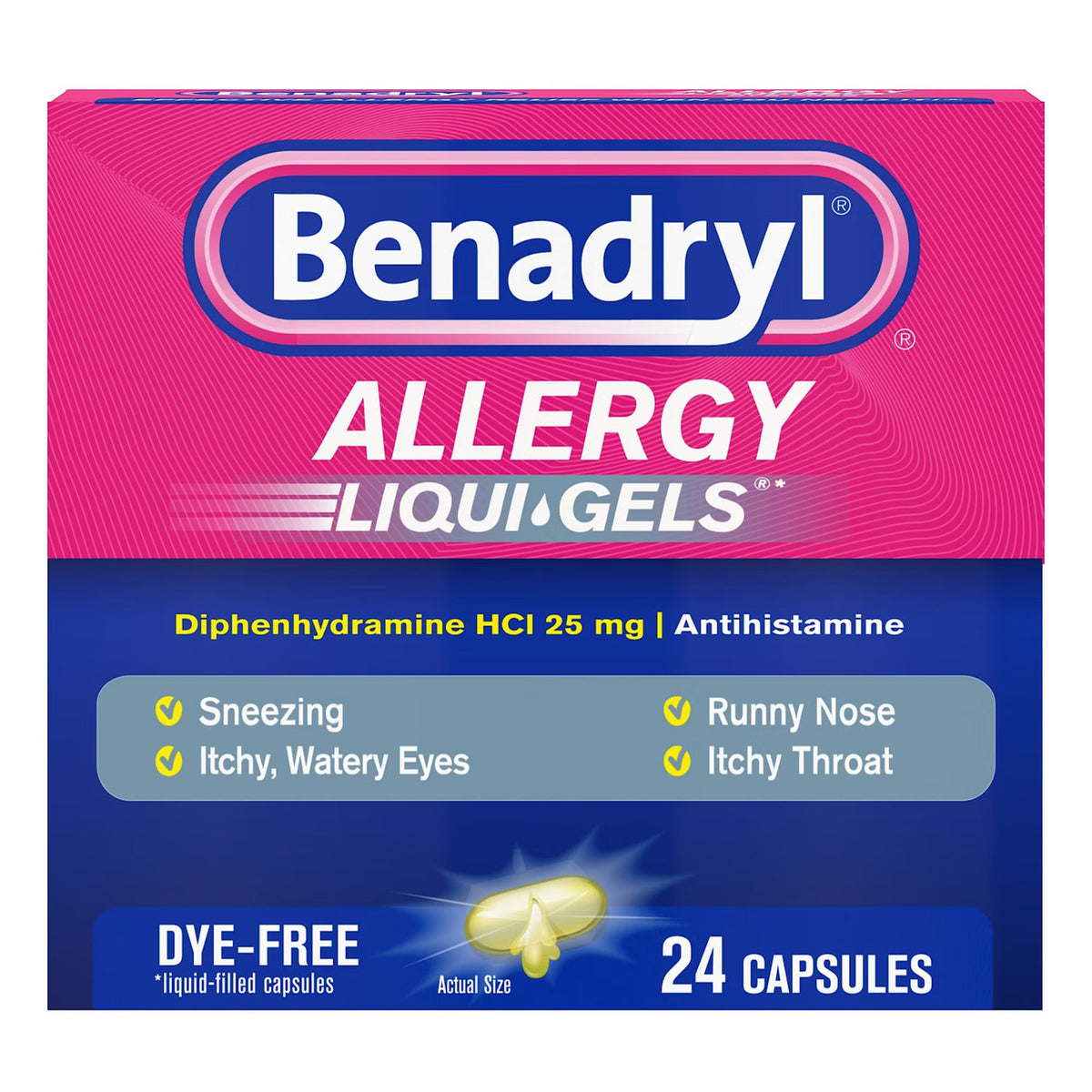 Benadryl Allergy Liqui-Gels, Dye Free, 25 mg Diphenhydramine HCl - 531702100 - LL Medico