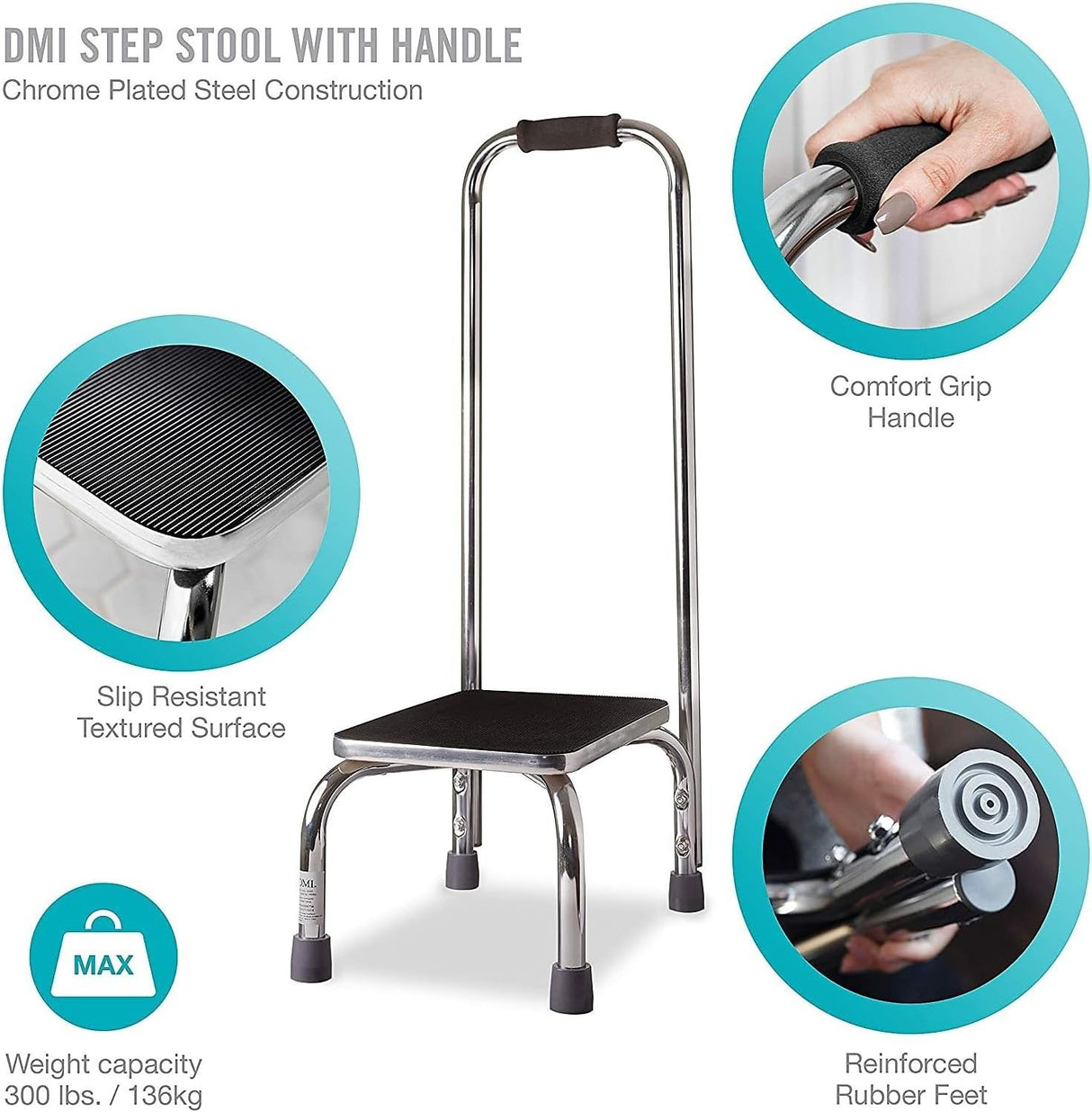 Step Stool with Handrail Mabis DMI 1 Step Chrome Plated Steel Frame 9-1/2 Inch Step Height