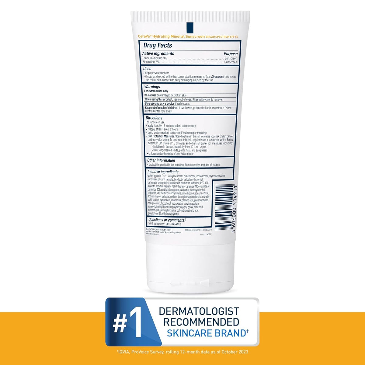 CeraVe Hydrating Mineral Sunscreen Body SPF 50 Lotion, Unscented, 5 fl oz