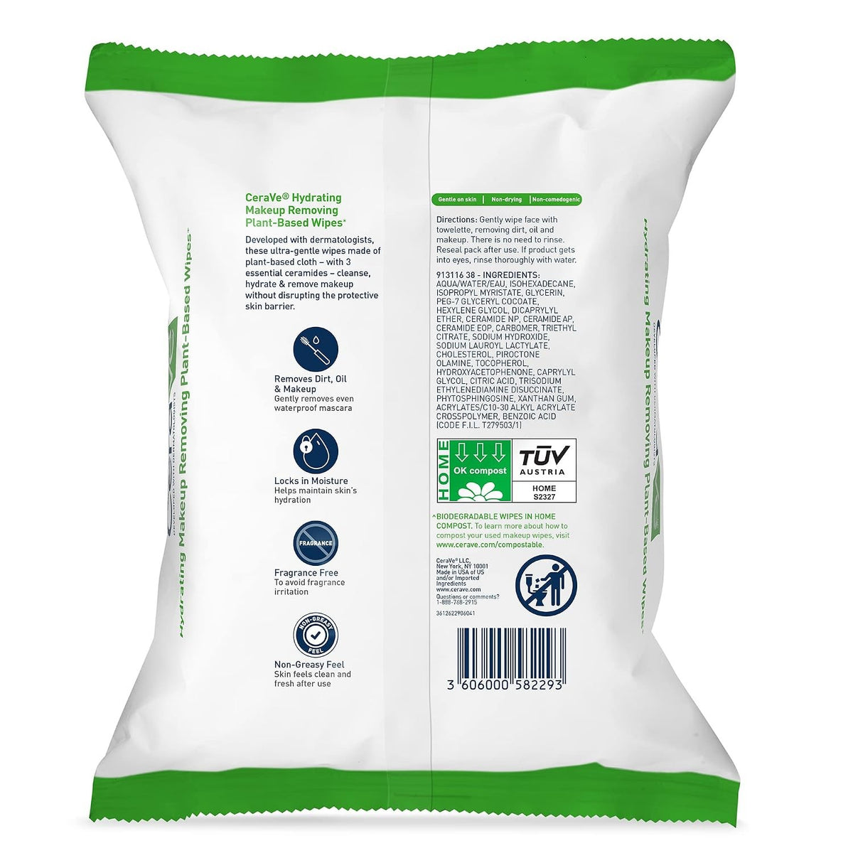 CeraVe Hydrating Makeup Removing Plant-Based Wipes, Unscented, Pack of 25