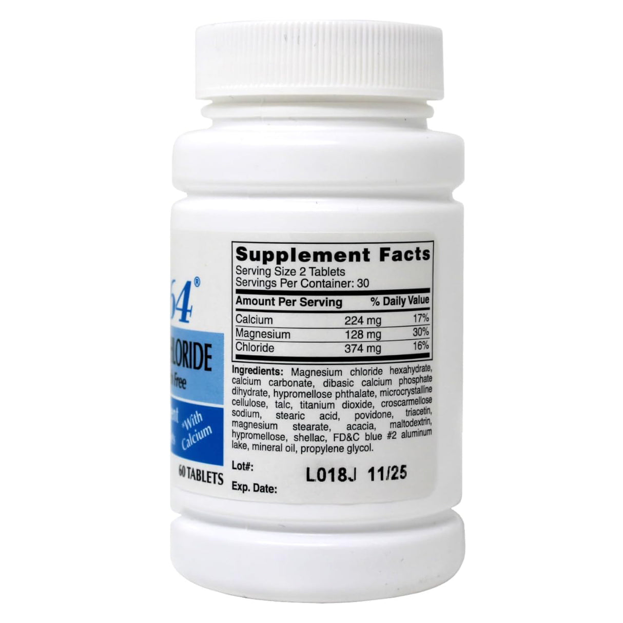 A white bottle of Rena-Vite Mag 64 Magnesium Chloride Mineral Supplement stands upright on a plain white background. The label shows nutrient information, ingredients, and supports magnesium deficiency.