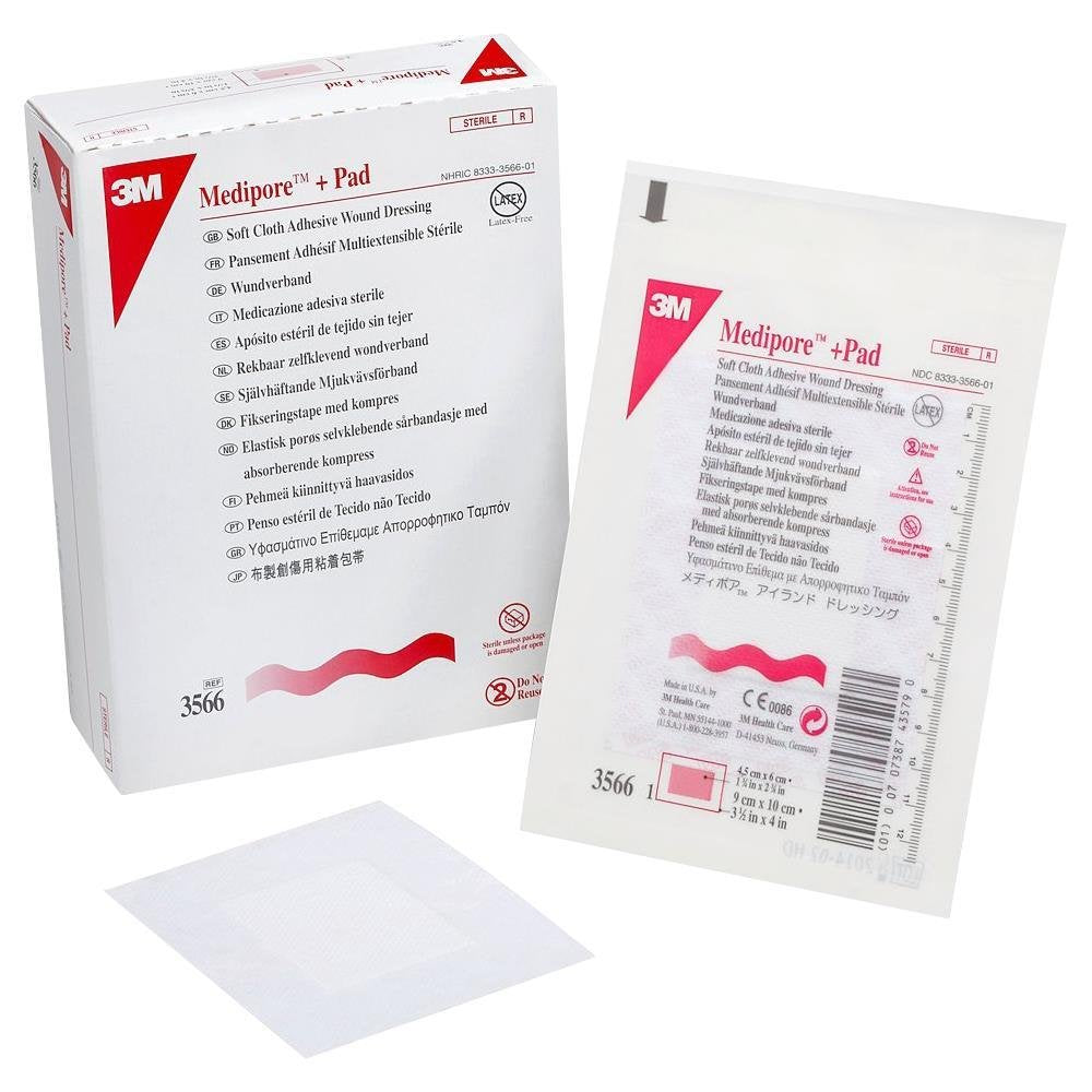 3M Medipore +Pad Soft Cloth Dressings, 3.5 x 4 Inch