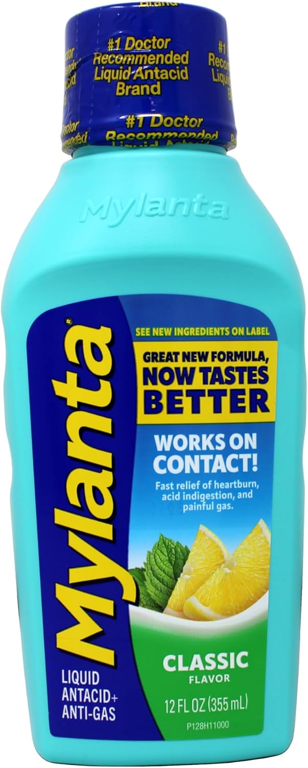 Mylanta Maximum Strength Antacid + Anti-Gas Liquid, Classic Flavor, 800 mg / 800 mg / 80 mg, 12 oz - 81990301128 - LL Medico