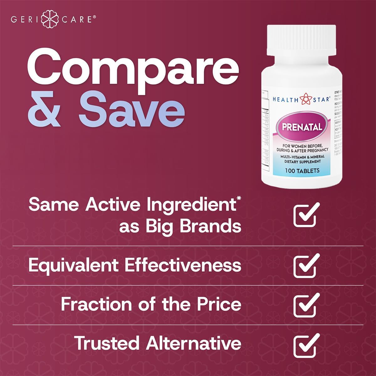 A comparison ad for HEALTHSTAR Prenatal Vitamin Supplement by Geri-Care shows a white bottle, highlighting the same active ingredients as big brands, equivalent effectiveness, lower cost, and a trusted option for pregnancy nutrition.