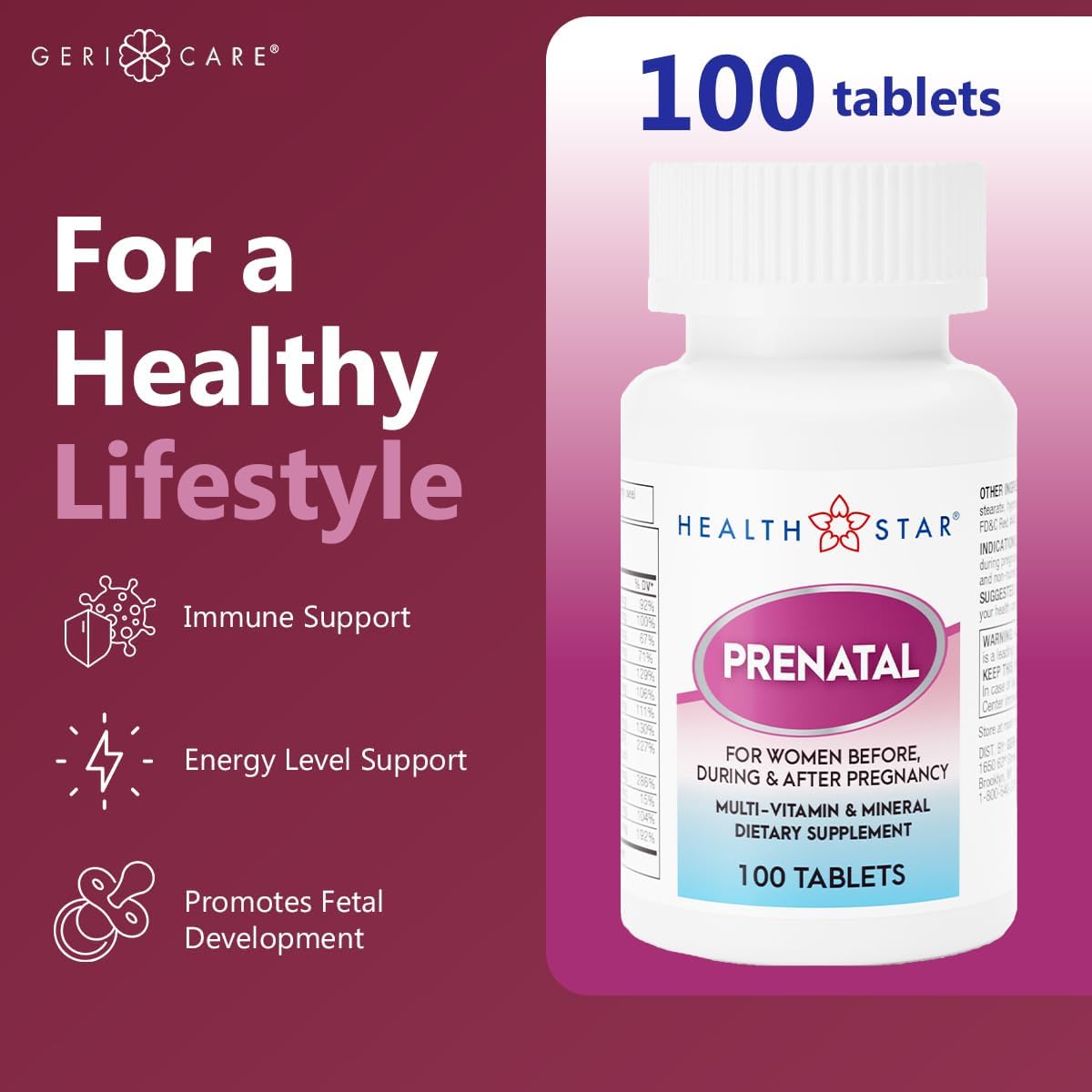 A bottle of Geri-Care HEALTHSTAR Prenatal Vitamin Supplement (100 tablets) is shown on a purple background. Text highlights immune support, energy and fetal development with folic acid for pregnancy nutrition. For a healthy lifestyle.
