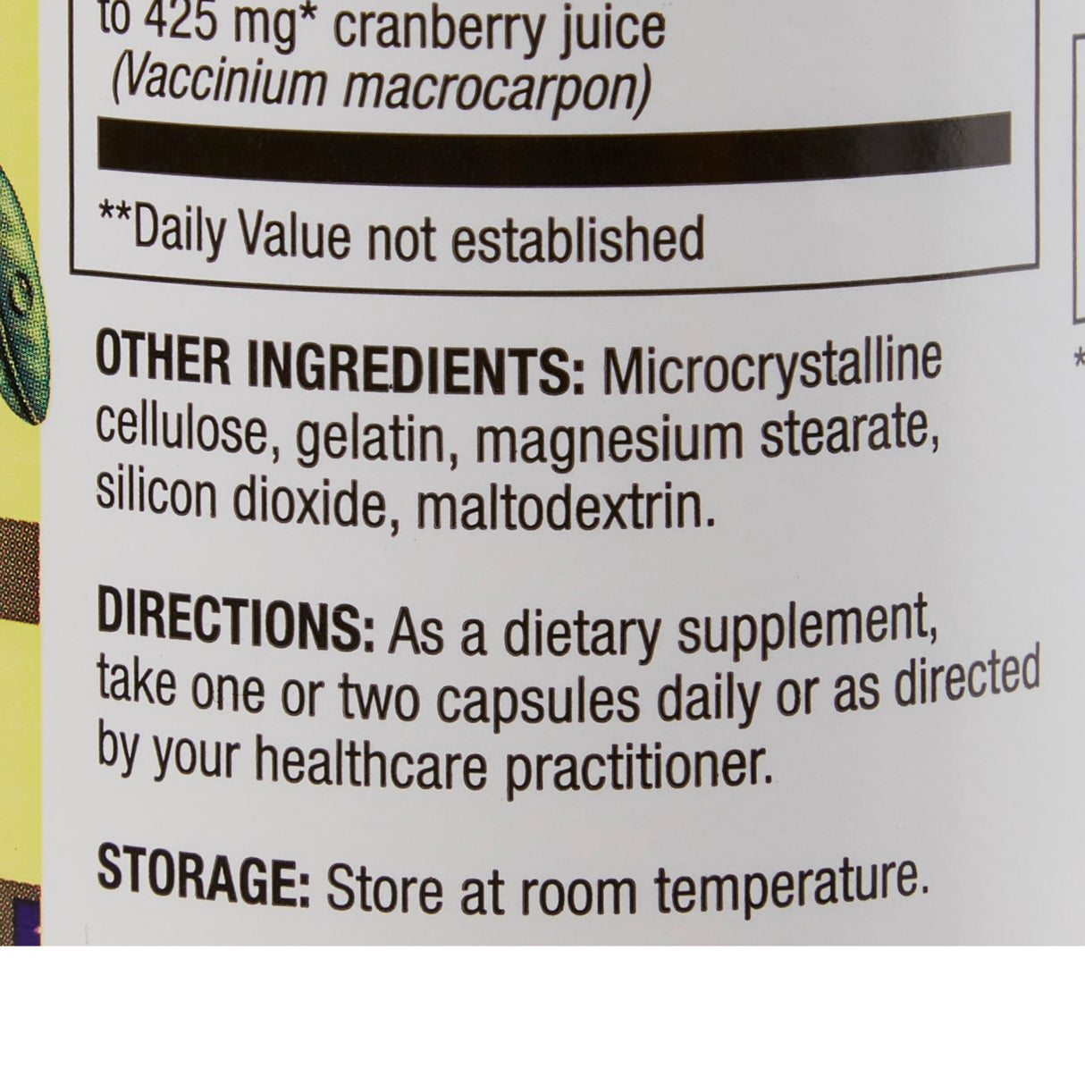 A close-up of the Optimum Cranberry Dietary Supplement label lists microcrystalline cellulose, gelatin, magnesium stearate, silicon dioxide, and maltodextrin. Take 1–2 capsules daily for urinary tract health. Store at room temperature. Brand: Optimum.