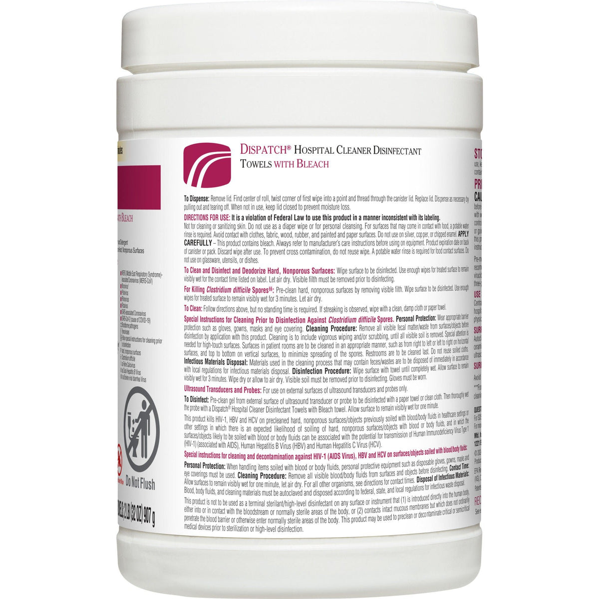 Dispatch with Bleach Surface Disinfectant Cleaner Wipes, Premoistened, Fruity Floral Bleach Scent, Nonsterile, 6.75" x 8" - 69150 - LL Medico