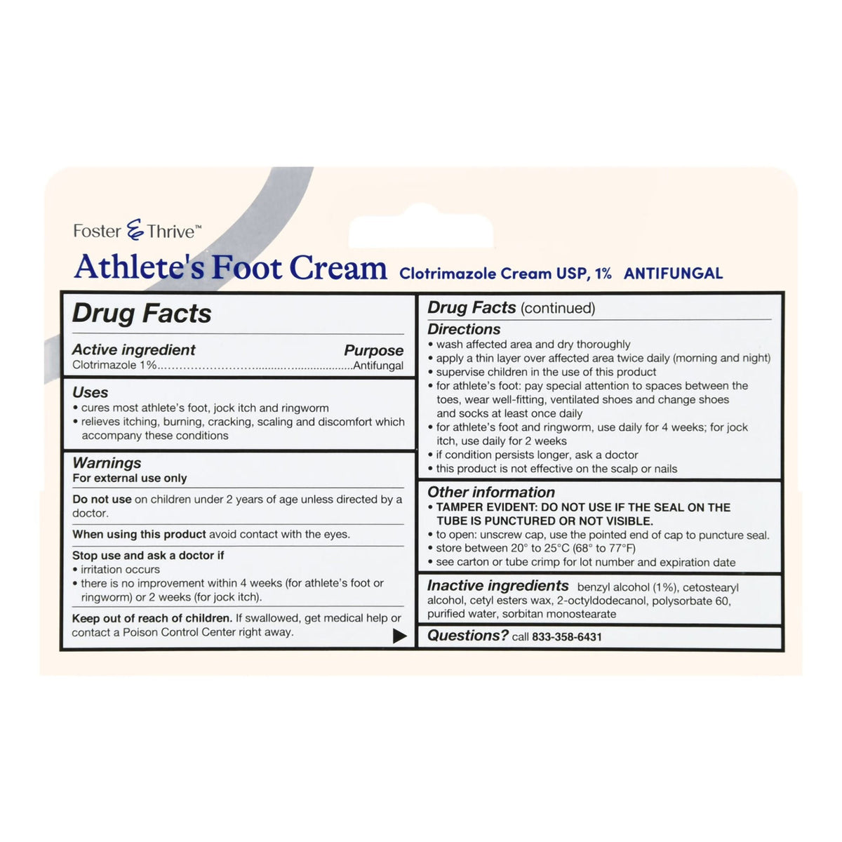 Foster & Thrive Athlete's Foot Cream, 1% Clotrimazole, 1 oz Tube - 70677100201 - LL Medico