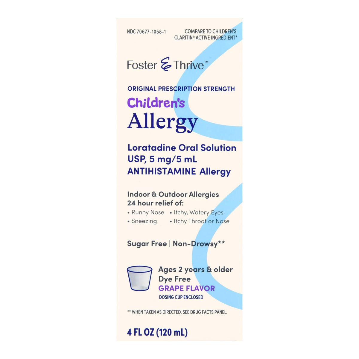 Foster & Thrive Children's Allergy Loratadine Oral Solution, 5 mg / 5 mL, Grape Flavor, 4 oz - 70677105801 - LL Medico