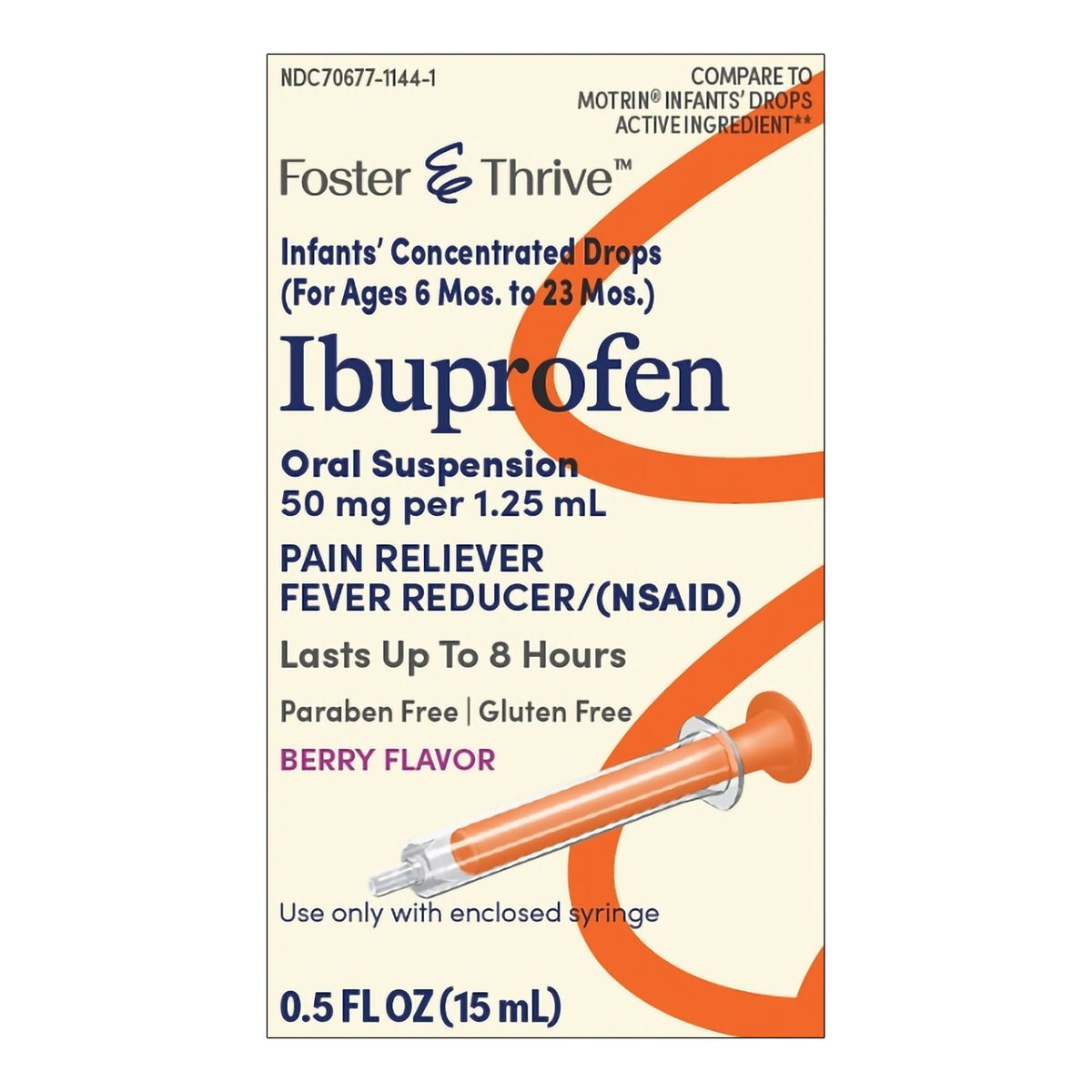 Foster & Thrive Infants' Ibuprofen Concentrated Drops, 50 mg per 1.25 mL, Oral Suspension, Berry, 0.5 oz - 70677114401 - LL Medico