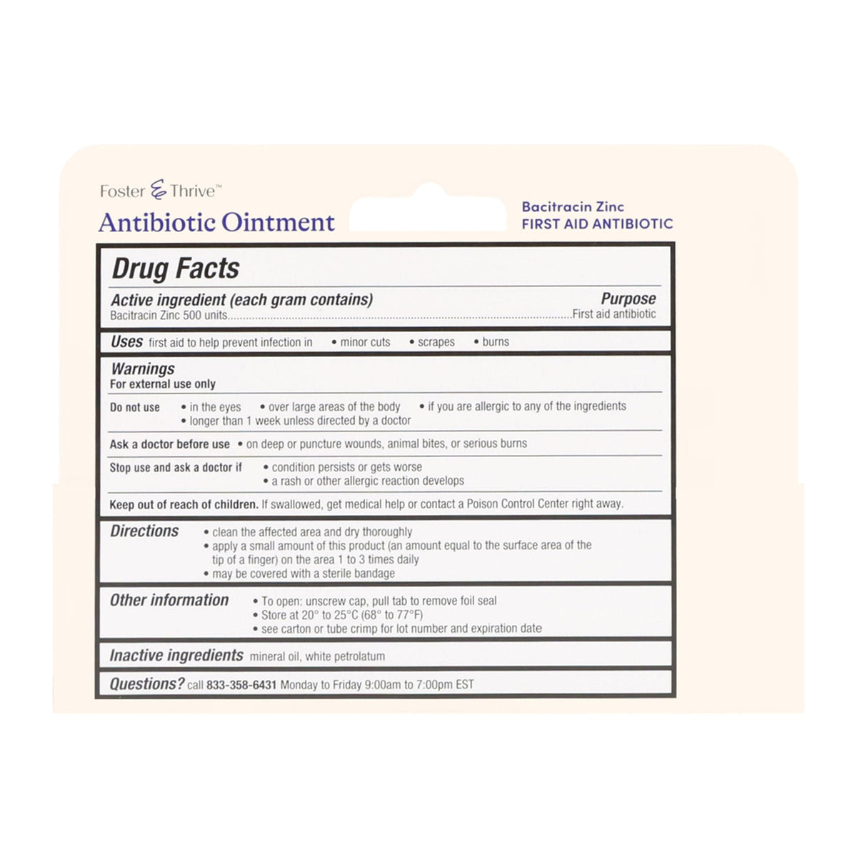 Foster & Thrive Bacitracin Zinc Antibiotic Ointment, 1 oz Tube - 70677121101 - LL Medico