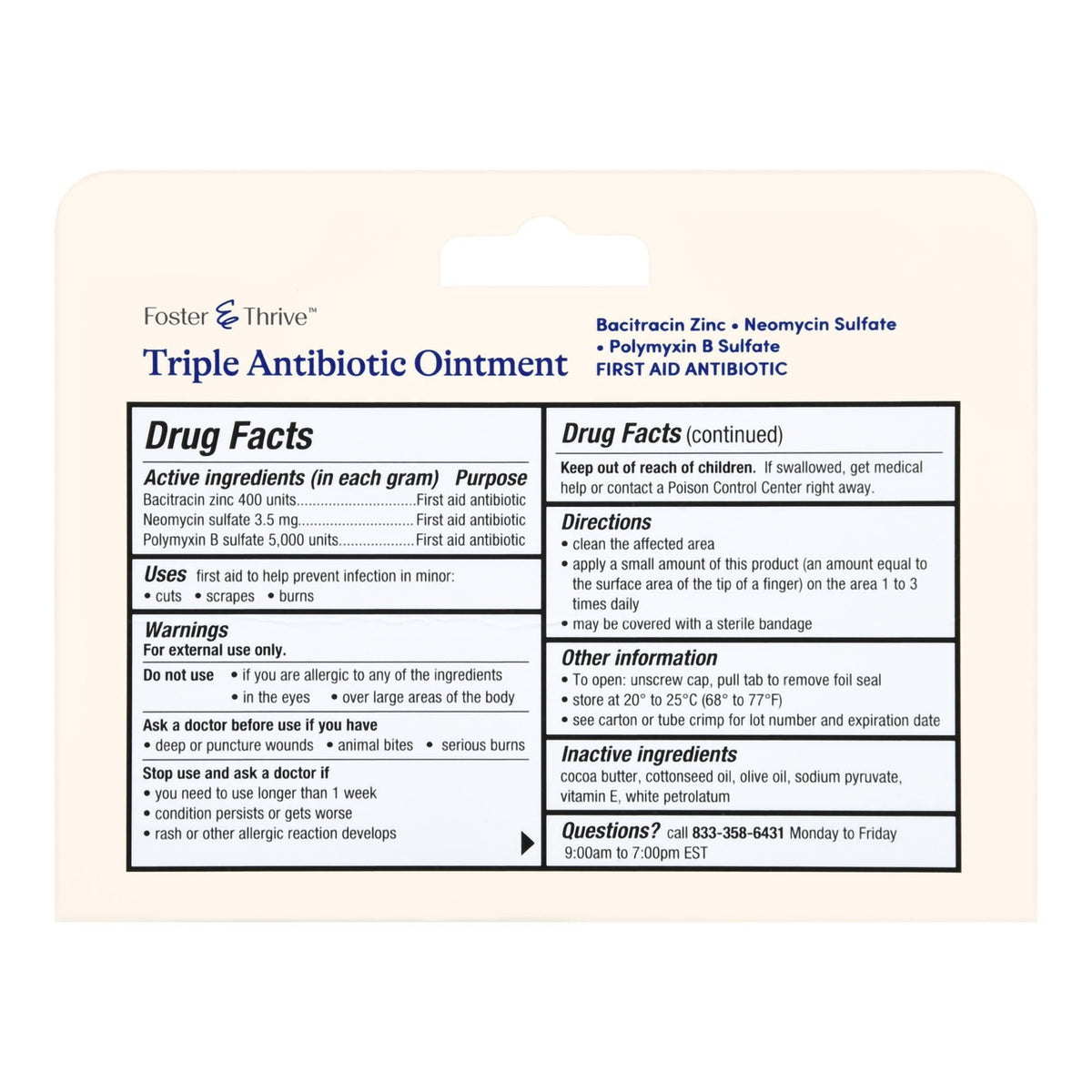 Foster & Thrive Triple Antibiotic Ointment, Bacitracin / Neomycin / Polymyxin B, 1 oz Tube - 70677121701 - LL Medico