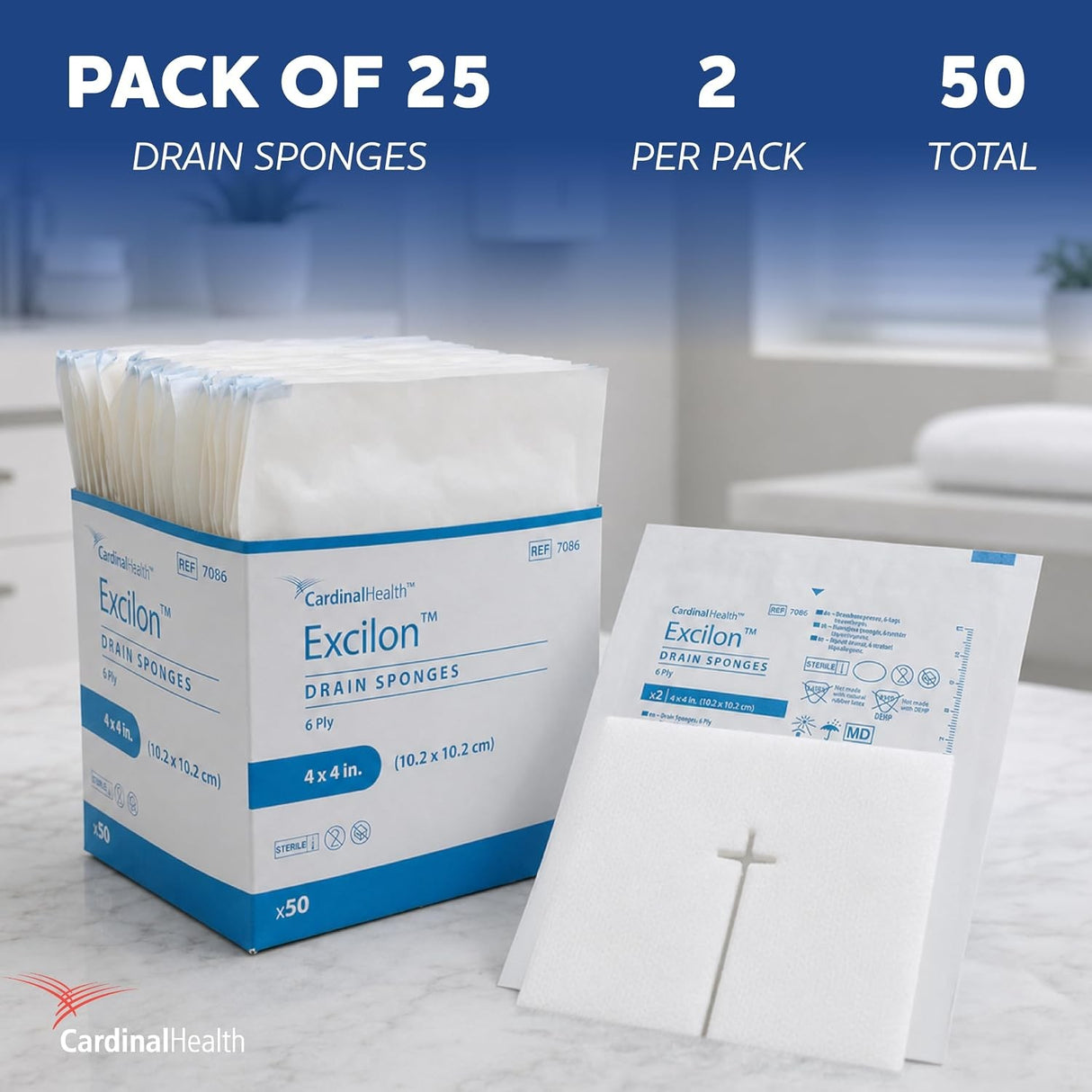 Cardinal Health Excilon Drain Sponges, 4" x 4", 6-Ply, Sterile 2-Count - 7086- - LL Medico