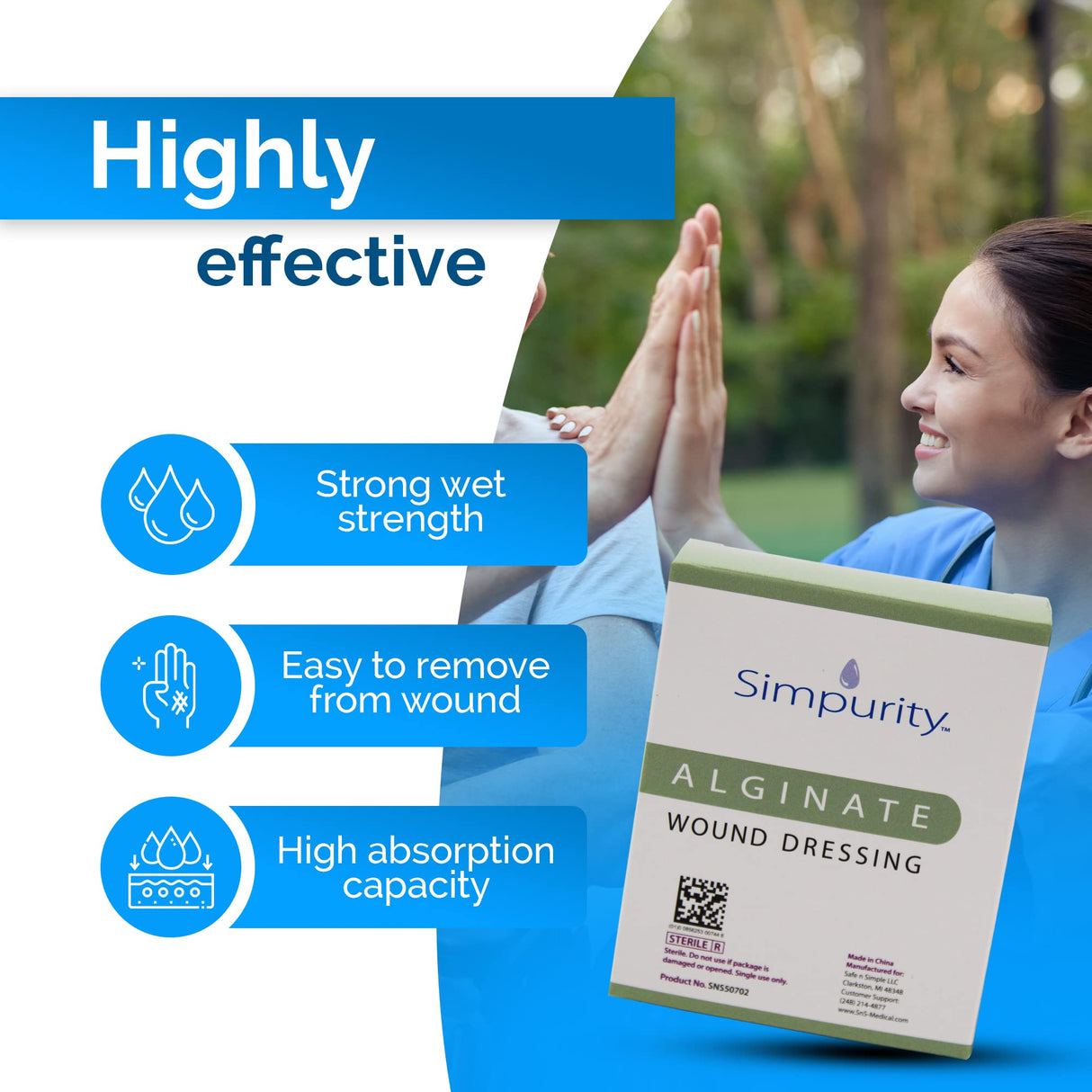 Simpurity Calcium Alginate Wound Dressing, Sterile, 2" x 2"