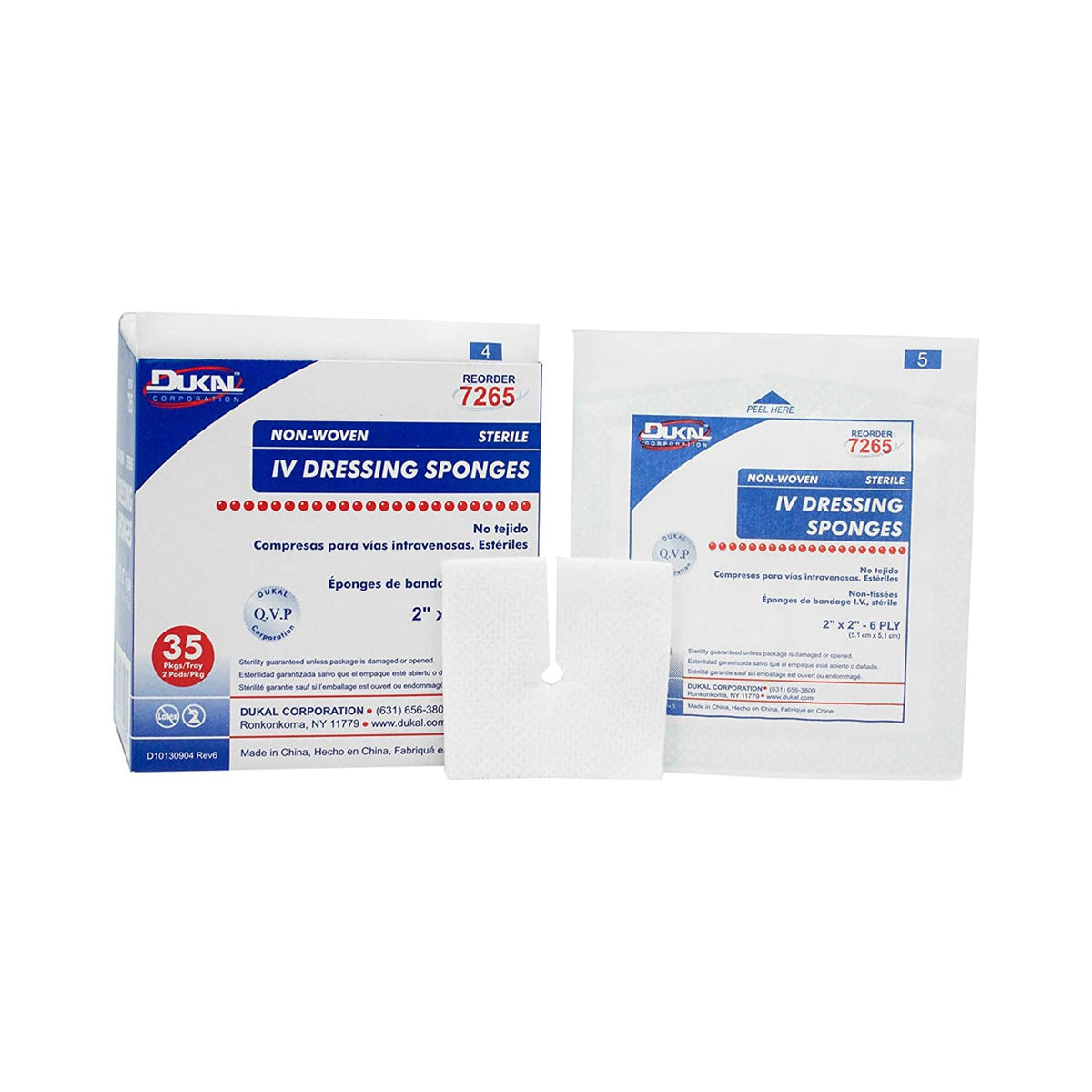 Dukal I.V. / Drain Split Dressing, Sterile, 2 x 2", 6-Ply, Polyester / Rayon, White - 7265-Pack - LL Medico