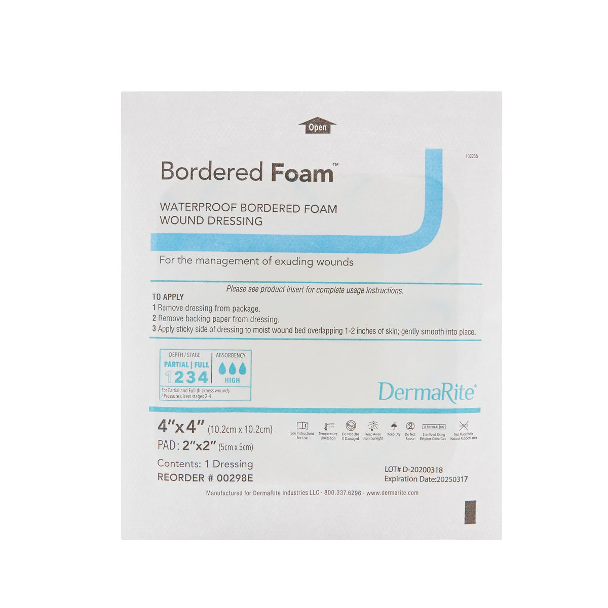 Dermarite BorderedFoam Dressing, Bordered Waterproof Square Sterile - 00298E - LL Medico