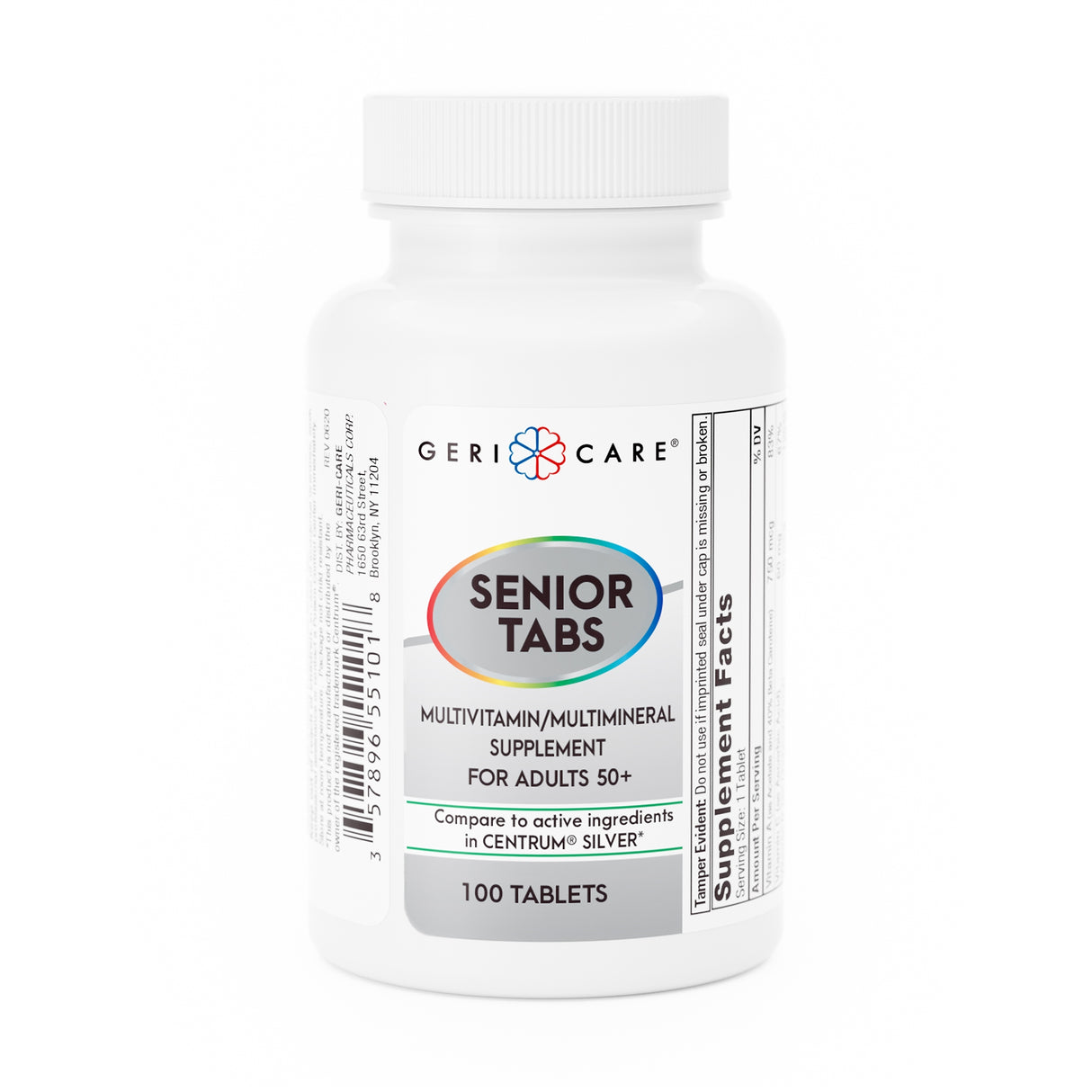 A white bottle labeled “Geri-Care Multivitamin Supplement with Minerals” by Geri-Care contains 100 tablets for adults 50+, with a “Supplement Facts” label and supports immune health with essential vitamins and minerals.