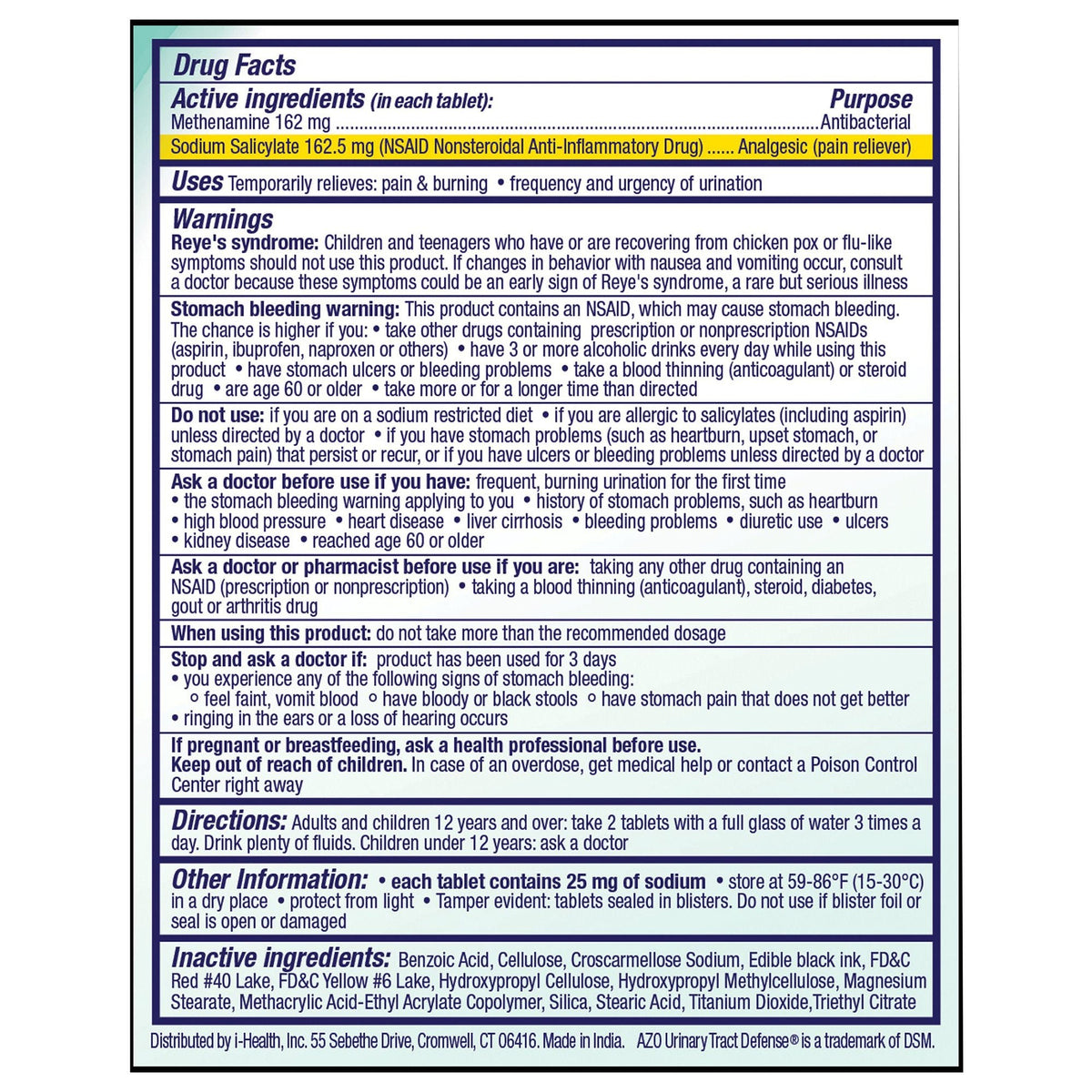 AZO Urinary Tract Defense Antibacterial Protection Tablets, Methenamine / Sodium Salicylate 162 mg - 162.5 mg - 787651760117 - LL Medico