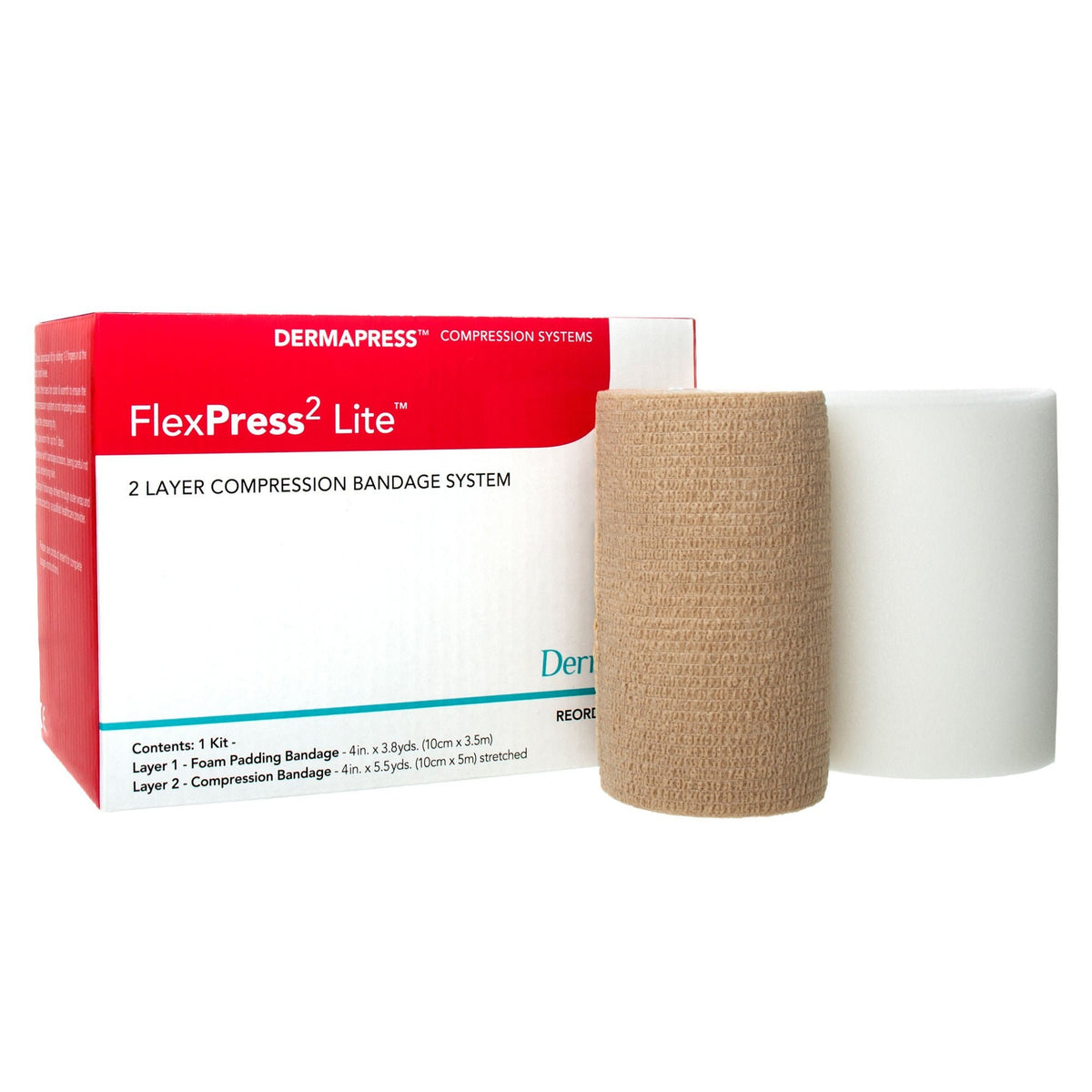 FlexPress2 Lite 2-Layer Lite Compression Bandage System, Self-Adherent Closure, 4" x 3.8 Yard / 4" x 5.5 Yard, Tan / White, Foam / Fabric, NonSterile, 20 to 30 mmHg - 79200-Single - LL Medico